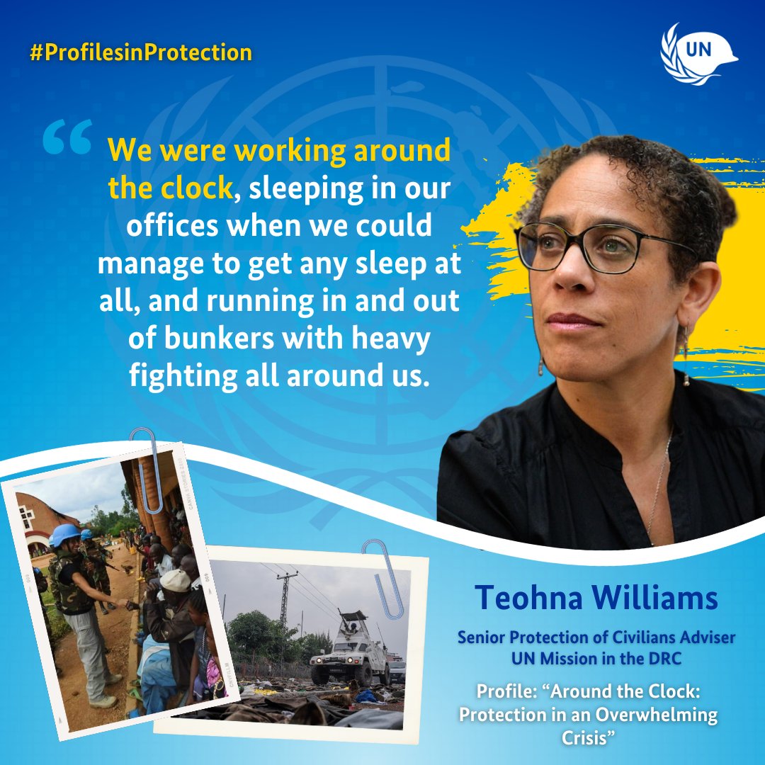 UNPeacekeeping's tweet photo. Peacekeeper of the Day: As the Senior Protection of Civilians Adviser for @MONUSCO, Teohna Williams worked around the clock to protect civilians amidst the M23 rebel group's recent advance on Goma, DRC.
Read story 👉 https://t.co/j8H8RN8LqH
#ProfilesinProtection #POCweek2025 https://t.co/YBXHBWf0Lp