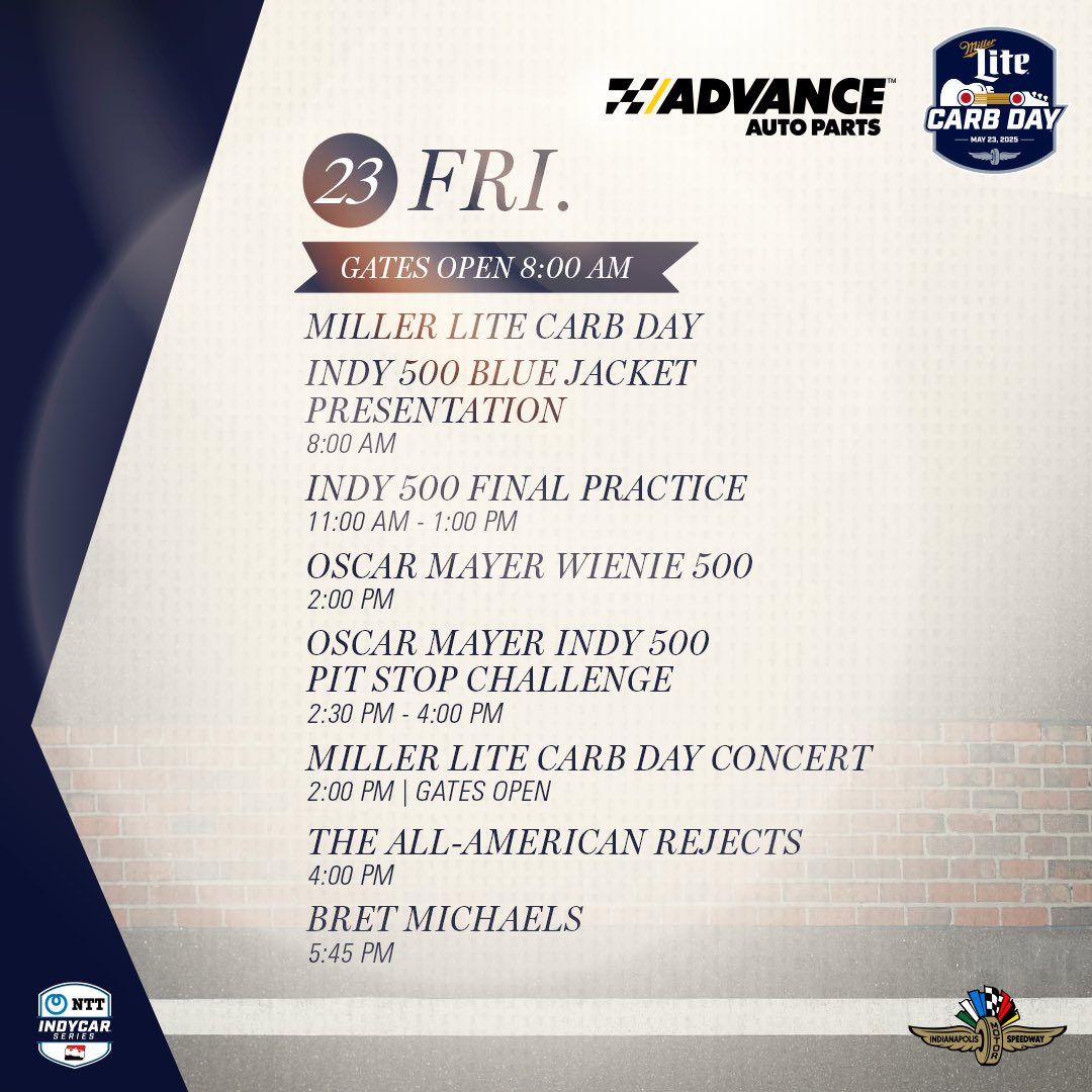 IMS's tweet photo. A wienermobile race. Final #INDYCAR practice. @therejects. @bretmichaels.

@MillerLite #CarbDay might be the best day ever?! 😅

Want to #AdvanceYourRaceDay tomorrow? Repost for a chance to win 2 Hulman Terrace Club Tickets, 1 Parking Pass and 2 Legends Day Concert Tickets. https://t.co/uumDT1Urho