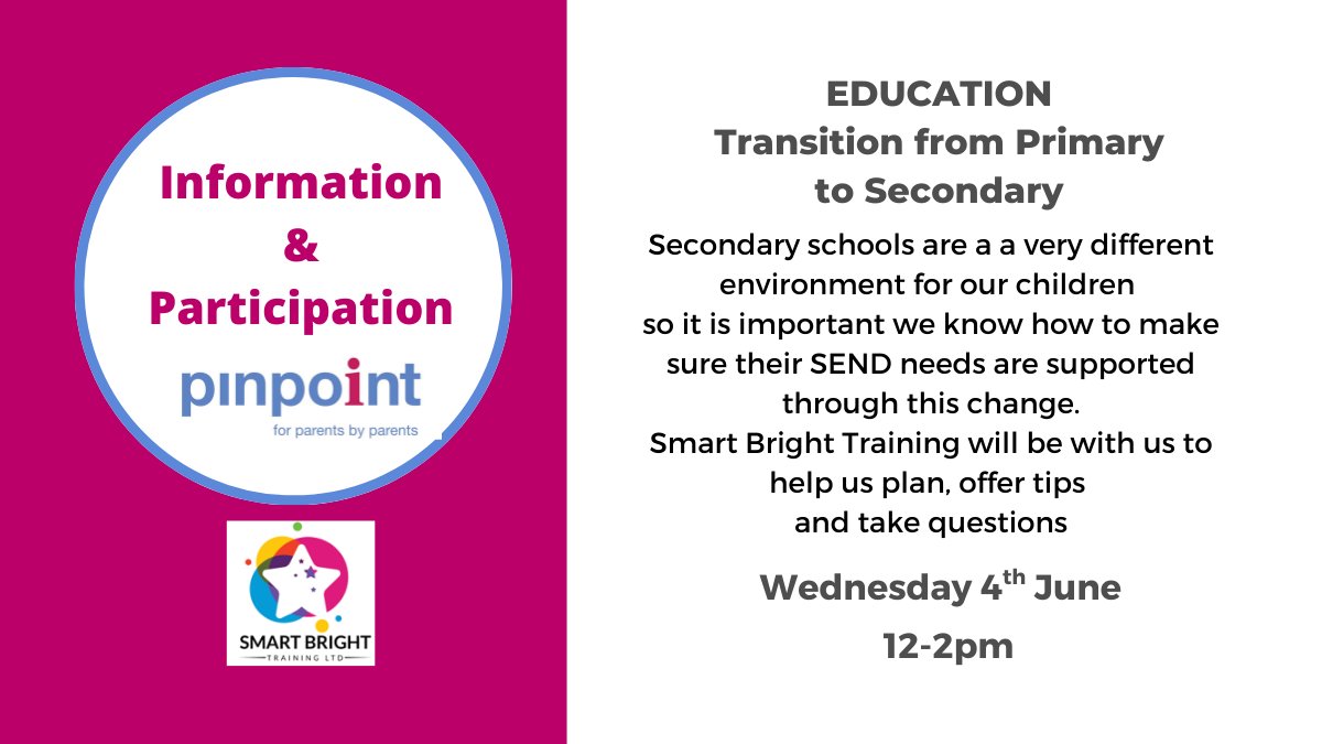 pinpointcambs's tweet photo. We know how hard our SEND child can find change but how do we prepare them for a whole change of school in both setting, structure of the school day as well as staff? Joins us to find out.
Book here: 4th June: https://t.co/9ihBRIWyLB
#SENDSupport #TransitionPlanning https://t.co/UfoauOcqqG