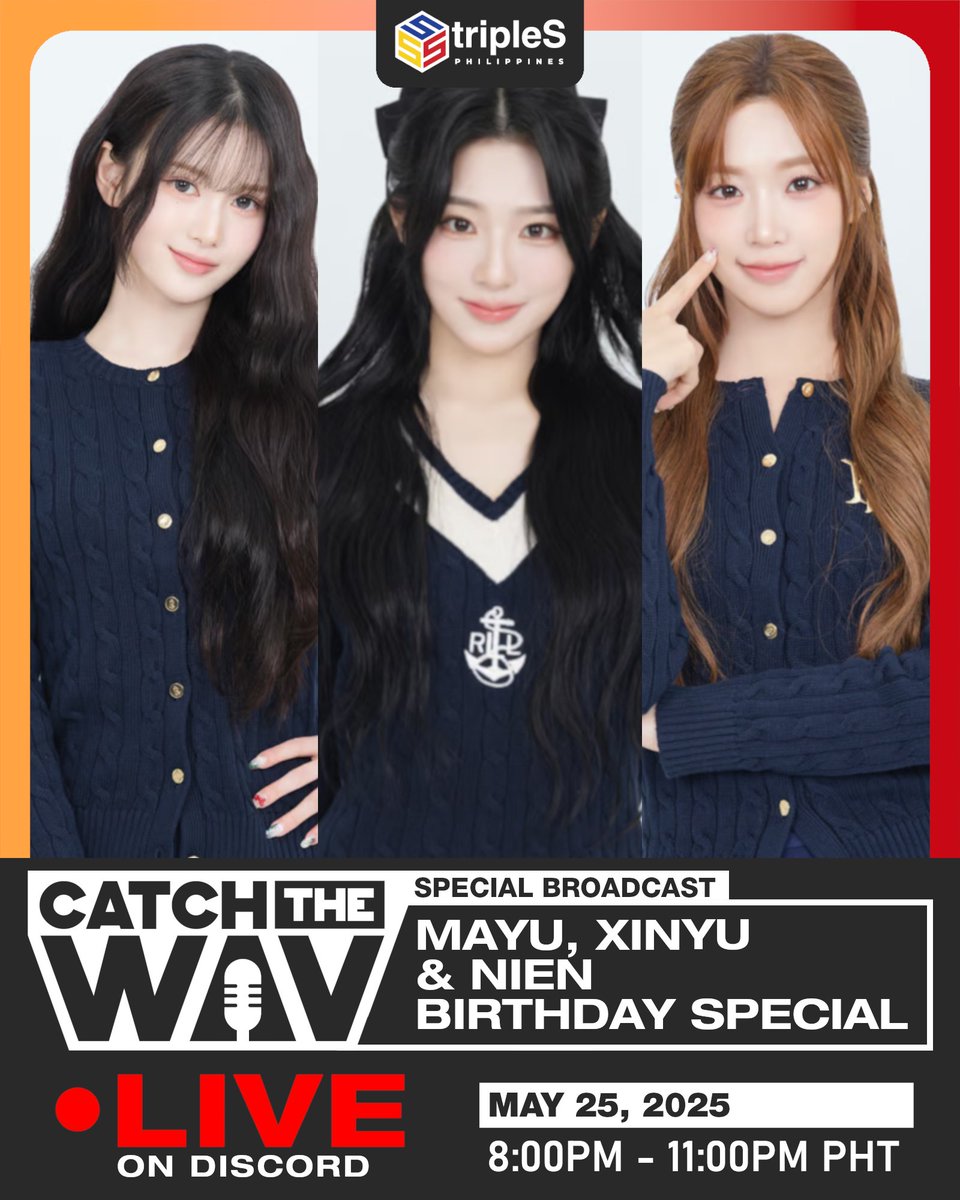 [🎉]

Join the Discord Live for #Mayu, #Nien, &amp; #Xinyu's triple celebration on May 25 at 8 PM (PHT).  Let's talk about our three queens + fun Giveaways! See ya'll and let's catch the WAV! 🐇🦊🍓

 🔗:discord.gg/8Jux5Uw3

#tripleS #트리플에스 #トリプルS #니엔 #신위 #마유