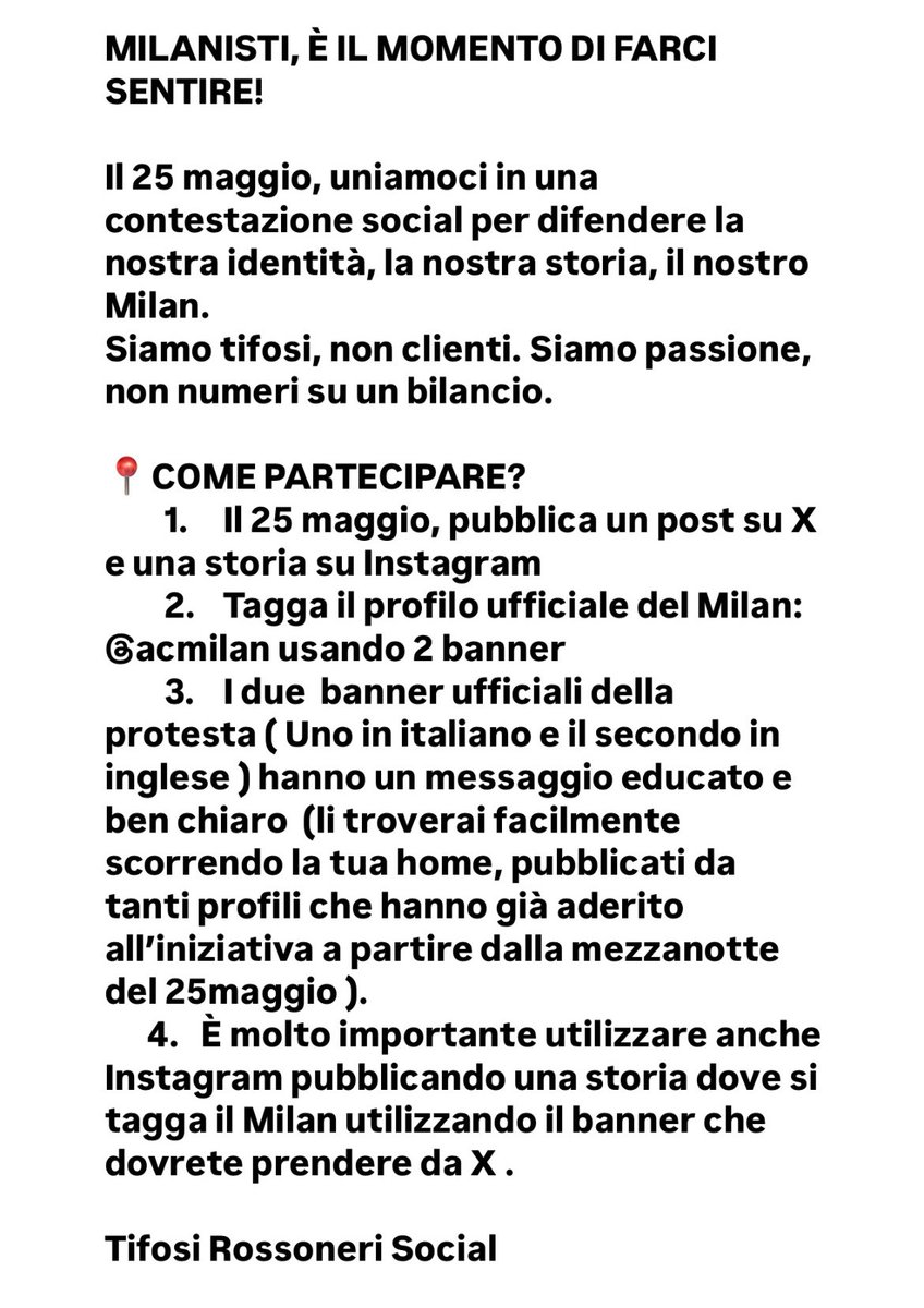 MilanSpace_03's tweet photo. 🚨 #ContestazioneSocial 🇮🇹: 

Chiediamo l’aiuto di tutti , nel diffondere questo tweet ed aderire , per amore del nostro #ACMilan 

🚨 #SocialProtest 🇬🇧 : 

 We ask for everyone’s help in spreading this tweet and joining the cause, for the love of our #ACMilan 

👇🏻 https://t.co/dSMQyot7t0