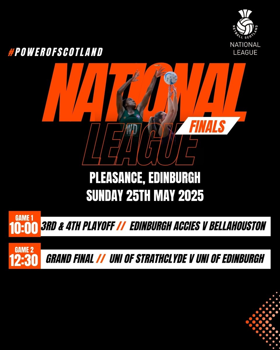 The stage is set for the National League Finals this Sunday at Pleasance!🙌

🏆 Gold Medal Match
Strathclyde Uni 🆚 Edinburgh Uni

🥉 Bronze Medal Match
Edinburgh Accies 🆚 Bellahouston

Tickets🎟️
ow.ly/6xV150VXBTc

It’s set to be a showdown you don’t want to miss! 💥