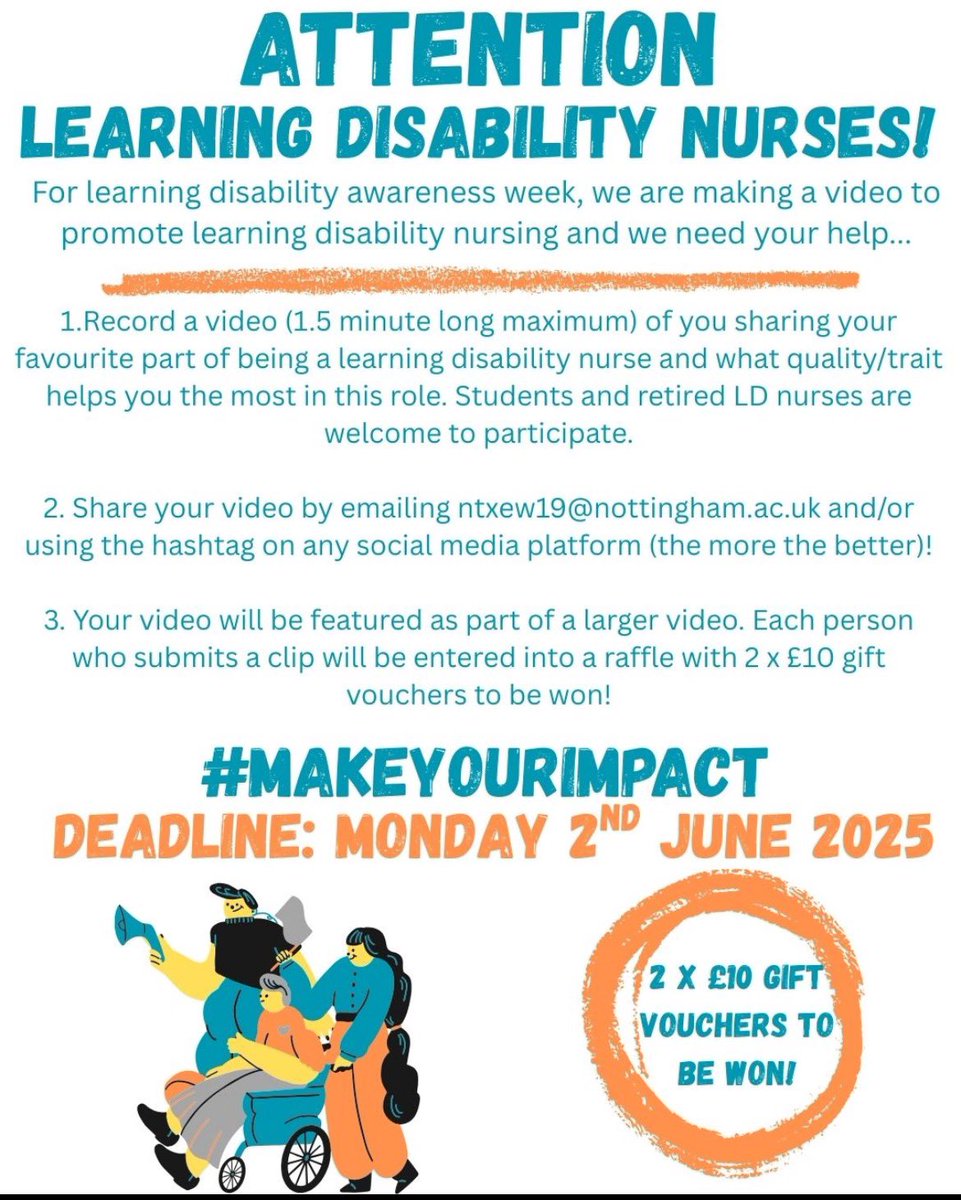 LD_eloise's tweet photo. Are you a learning disability nurse and want a chance to win a £10 gift voucher? See the poster below and the example video. The project aims to help raise awareness of LD nursing and recruit more people into the career #makeyourimpact Please share the poster as much as you can😊 https://t.co/j6unJoZBol