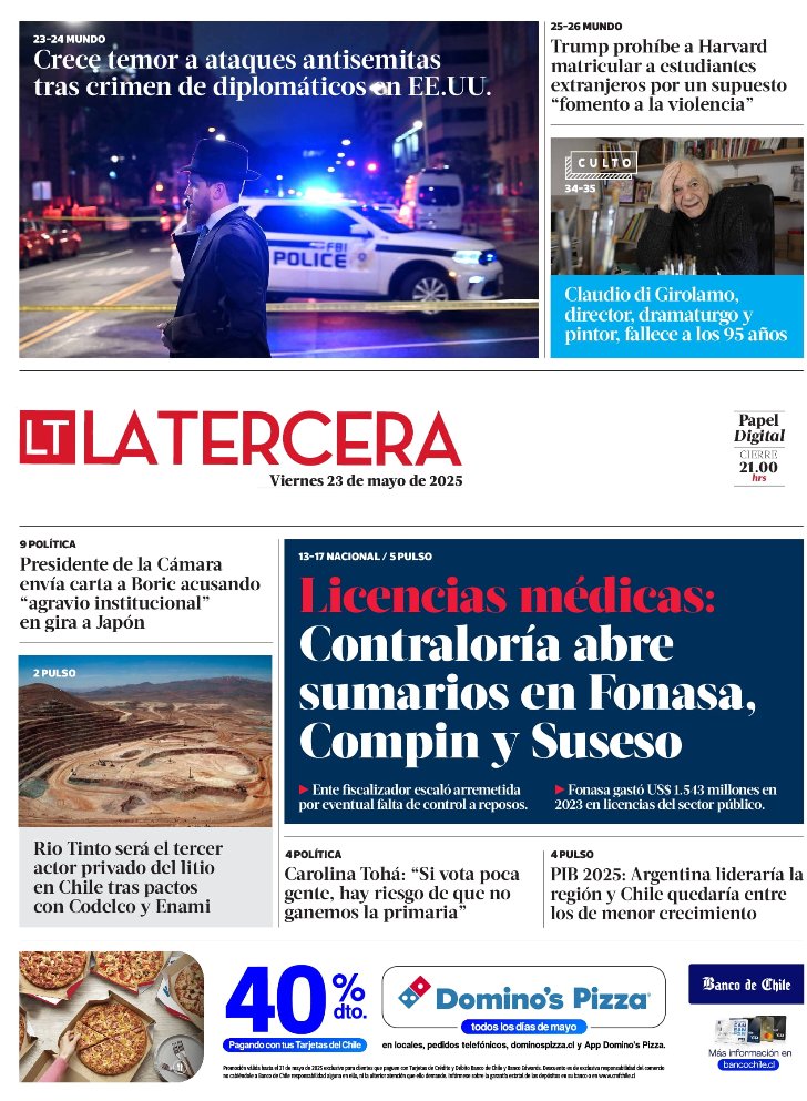 latercera's tweet photo. 📰 Nuestra portada en papel digital de este viernes 23 de mayo. Lo puedes leer siguiendo este link » https://t.co/HaVTHK4DHs https://t.co/luUnIXx3Ry