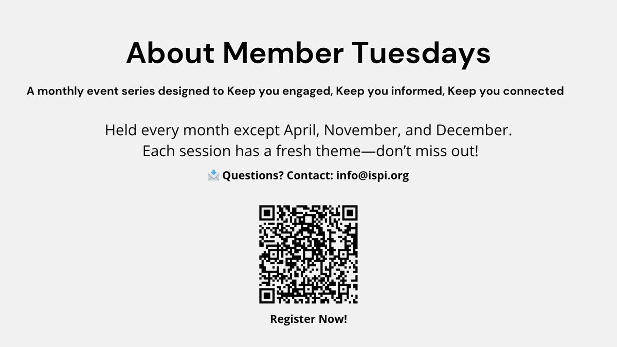 1962_ispi's tweet photo. 📢 Don’t miss #ISPIMemberTuesdays on May 27 at 1 PM ET!
 🎤 Featuring: Maru C. Willson, M.Ed.
 ✨ Theme: Gold Membership Spotlight – Excellence in Action
🔗 Register now: https://t.co/gwHNoo2jXj
 📲 Or scan the QR code 👇
 #ISPI2025 #PerformanceImprovement #GoldSpotlight https://t.co/OXKZXOrwhW