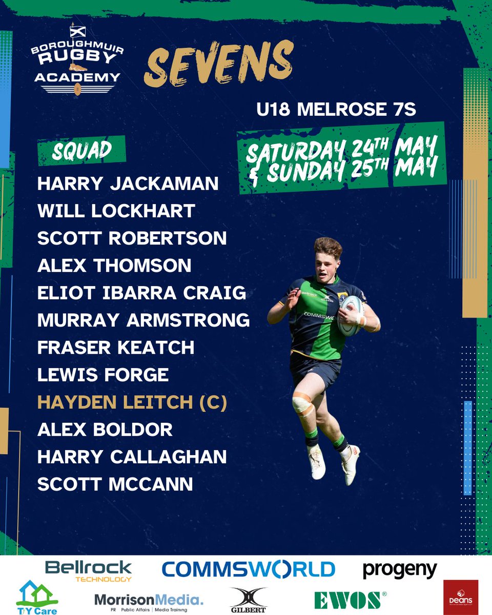 U18 MELROSE 7s
We are really excited to be part of the Melrose U18 7s this weekend.  Playing a minimum of 7 games over 2 days.  We have got a very strong squad who have trained really well for several weeks, including 5 boys who have represented Muir's Senior 7s at Selkirk.
