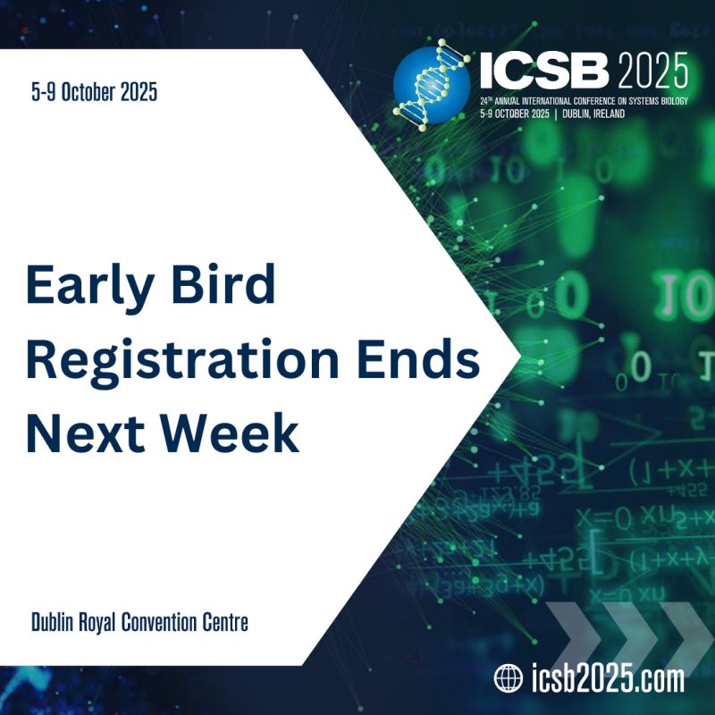 Just 1 week left for Early Bird Registration - deadline is Fri, May 30! Don't miss out on the best rates for ICSB 2025 in Dublin this Oct 5- 9.

Register now &amp; secure your place: icsb2025.com

#ICSB2025 #SystemsBiology #MedicalResearch #BioTech #NetworkBiology #AI