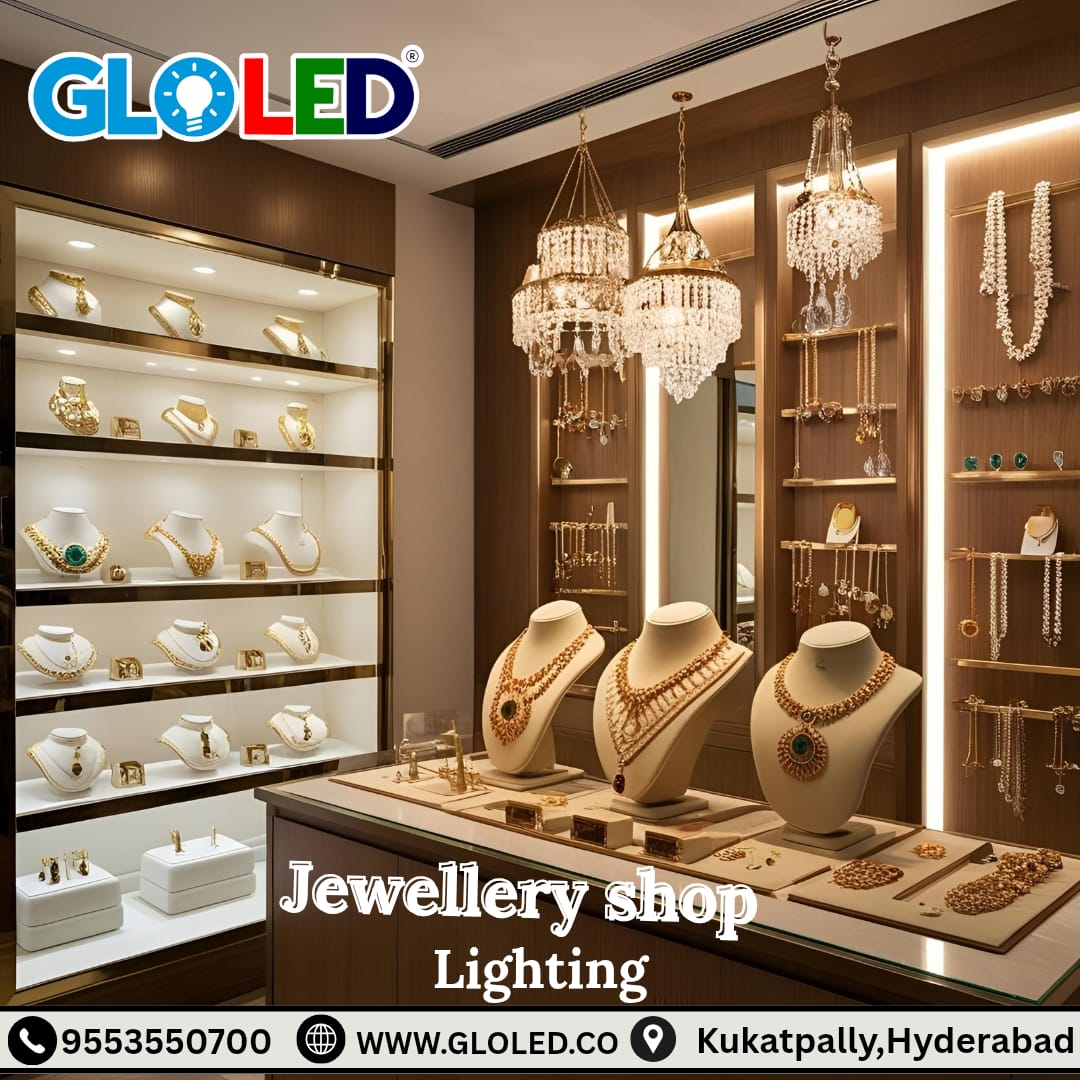 ✨ GLOLED's LED lighting for jewellery shops: high-CRI, cool, energy-saving. Make gems shine! 📞 9553550700 🌐 gloled.co #JewelleryLighting