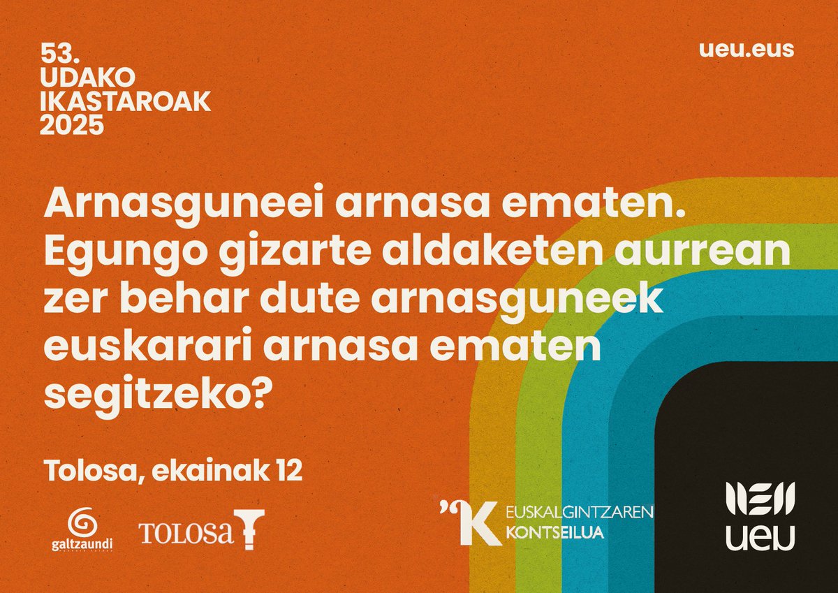 IKASTAROA | Arnasguneei arnasa ematen. Egungo gizarte aldaketen aurrean zer behar dute arnasguneek euskarari arnasa ematen segitzeko?

🗓️ Ekainak 12, osteguna
📍 Tolosako Kultur Etxea
⏰ 9:45-17:15

Eman izena!👉 ueu.eus/jarduera-akade… #UI53