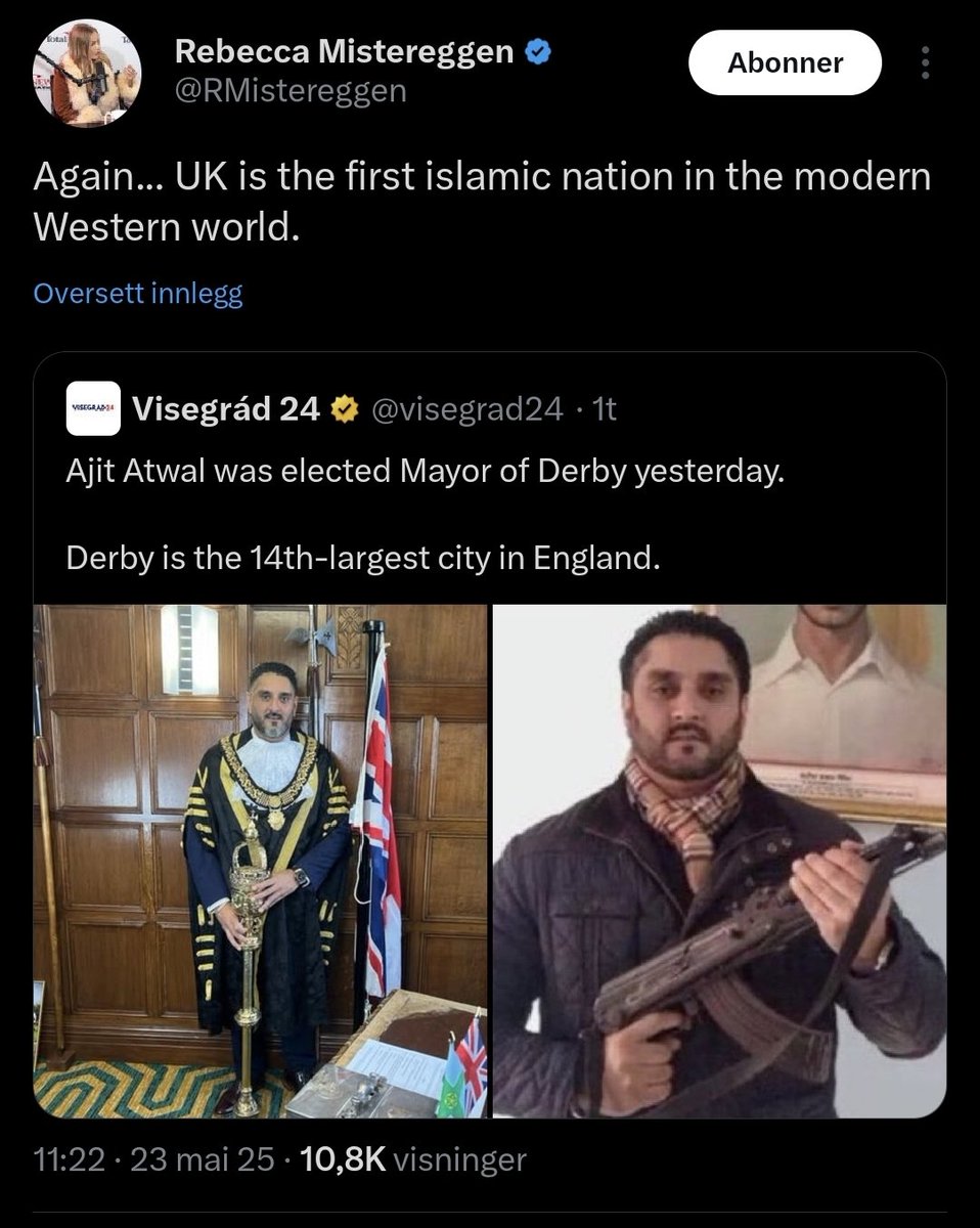 Latskap fører til falsk propaganda.  Nr.1: Ajit Atwal er Sikh, nr.2: han er født og oppvokst i England med Indiske foreldre. Så gratulerer <a href="/RMistereggen/">Rebecca Mistereggen</a> dagens 🤡
