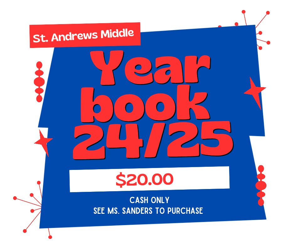 St Andrews MS Saints (@samssaintssoar) on Twitter photo Snag your piece of Saint history! The 2024-2025 yearbook is just $20 (cash only). See Ms. Sanders in the library to purchase yours before they’re gone! #SaintsLegacy #Yearbook #saintssoar Snag your piece of Saint history! The 2024-2025 yearbook is just $20 (cash only). See Ms. Sanders in the library to purchase yours before they’re gone! #SaintsLegacy #Yearbook #saintssoar