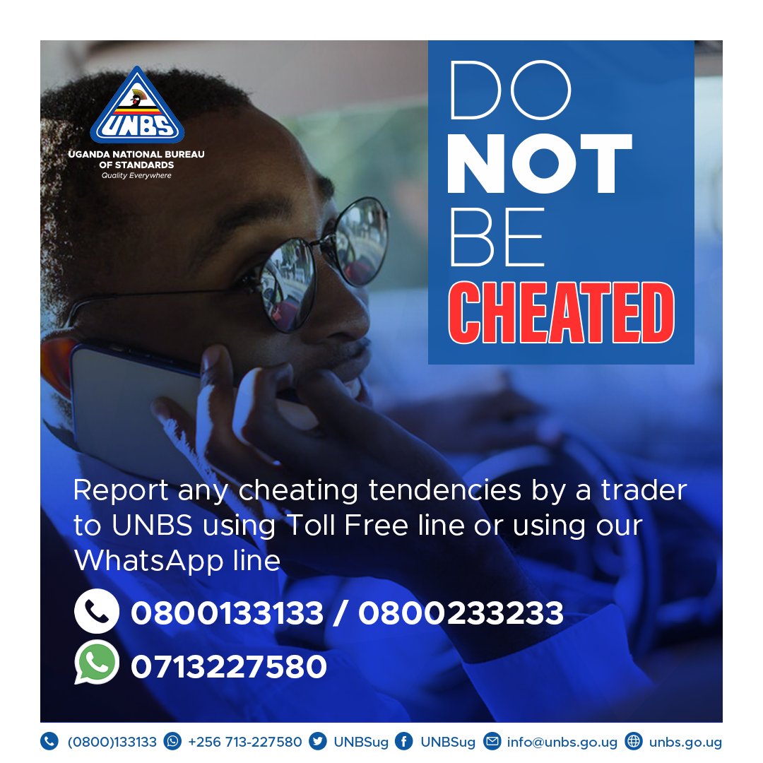 UNBSug's tweet photo. #DoNotBeCheated
Report any cheating tendencies by a trader to UNBS using Toll Free line 0800133133 or using our WhatsApp line 0713227580
Report any to UNBS using toll free line
#GrowingQualityMSMEs
#QualityEverywhere https://t.co/JKrd1Lgk2r