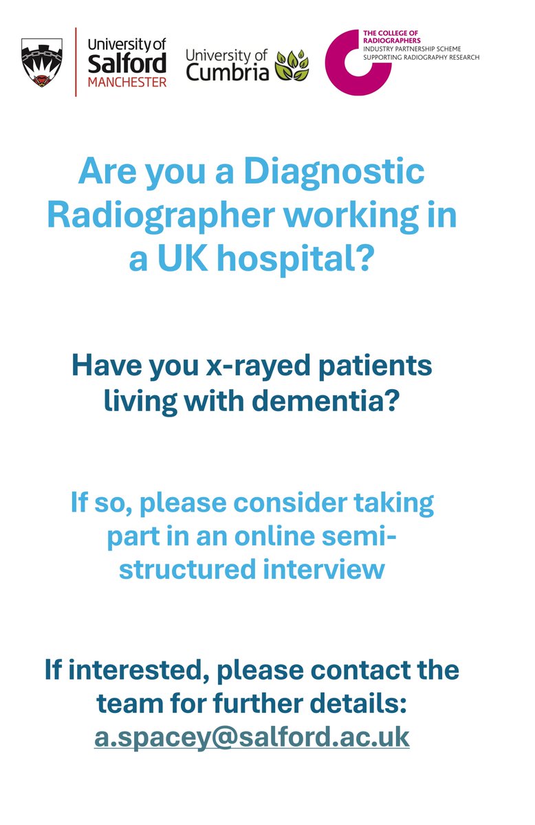 📢 Calling Radiographers! 
📷 Are you passionate about dementia care? 

We invite you to participate in an online interview for a research study.  

Your insights will help us explore dementia care, capacity, and consent in imaging people living with dementia.

#Radiography