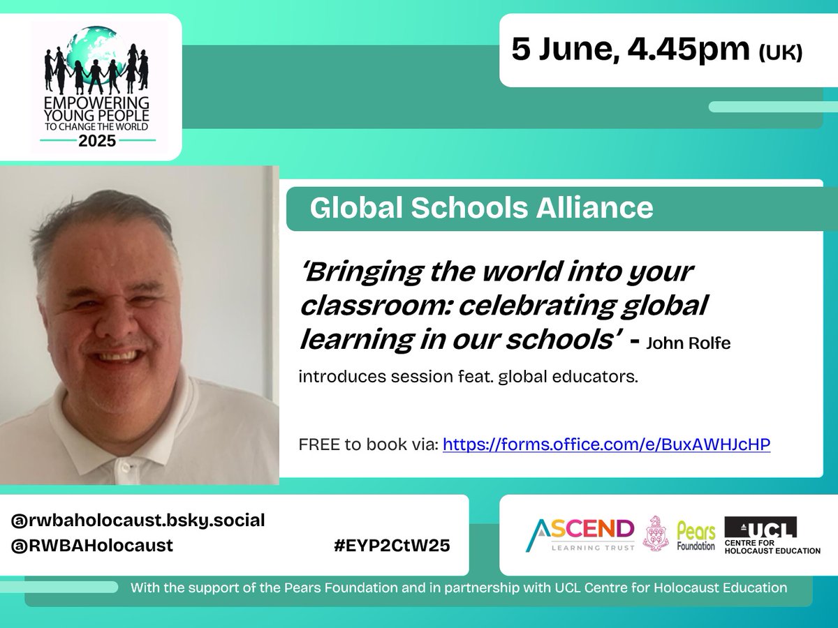 RWBAHolocaust (@rwbaholocaust) on Twitter photo Also on Thurs 5 June, from 4.00pm (GMT) we welcome #EYP2CtW25 friends <a href="/GSchoolAlliance/">Global School Alliance</a>, <a href="/yorkshirejohn/">John Rolfe MBE</a> & colleagues <a href="/Tatianapopab/">Tatiana Popa #Moldova</a> <a href="/FolkestoneStM/">Folkestone St Mary’s Primary Academy</a> explore 'Bringing the world into your classroom; celebrating global learning in our schools!'
FREE bk: forms.office.com/e/BuxAWHJcHP Also on Thurs 5 June, from 4.00pm (GMT) we welcome #EYP2CtW25 friends <a href="/GSchoolAlliance/">Global School Alliance</a>, <a href="/yorkshirejohn/">John Rolfe MBE</a> & colleagues <a href="/Tatianapopab/">Tatiana Popa #Moldova</a> <a href="/FolkestoneStM/">Folkestone St Mary’s Primary Academy</a> explore 'Bringing the world into your classroom; celebrating global learning in our schools!'
FREE bk: forms.office.com/e/BuxAWHJcHP