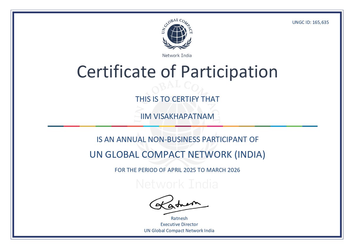 IIM Visakhapatnam (@iim_vizag) on Twitter photo We are pleased to share that the Indian Institute of Management Visakhapatnam has officially become part of the <a href="/GCNIndia/">UN Global Compact Network India 🇮🇳</a>, recognizing our commitment to the Ten Principles of the UN Global Compact and the 2030 Agenda for Sustainable Development. We are pleased to share that the Indian Institute of Management Visakhapatnam has officially become part of the <a href="/GCNIndia/">UN Global Compact Network India 🇮🇳</a>, recognizing our commitment to the Ten Principles of the UN Global Compact and the 2030 Agenda for Sustainable Development.