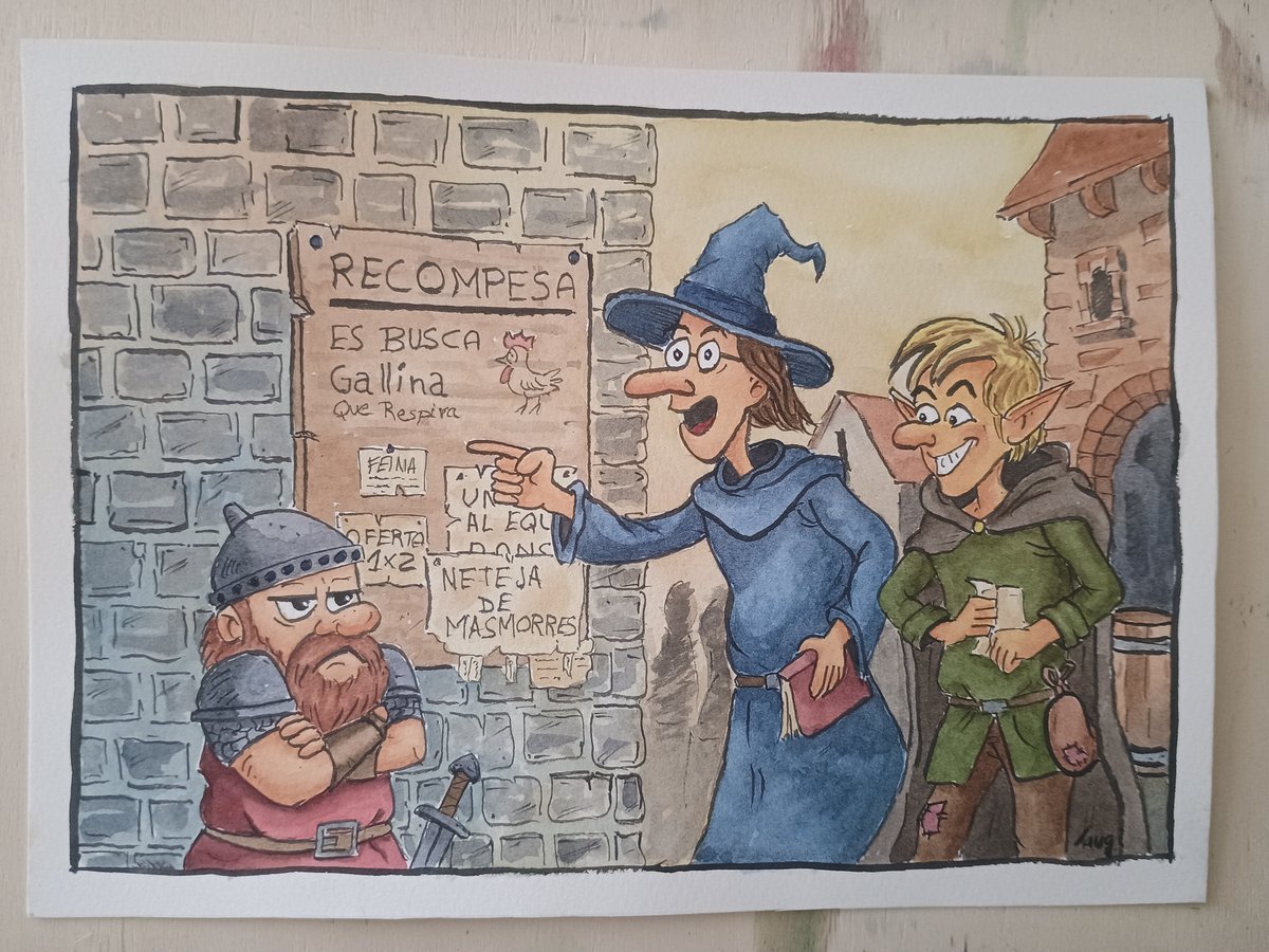 78Laugi's tweet photo. Un taulell d’anuncis i un grup d’aventurers a punt de fotre’s en mil embolics. #Fantasia, #humor i ganes de viure aventures! ⚔️🐉 Tot un clàssic del #rol… però ja sabeu, Dungeon Master: aquestes partides mai surten com s’esperen. #dungeonsanddragons #dandd #mundodisco #comic https://t.co/NRkw06Xj6Y