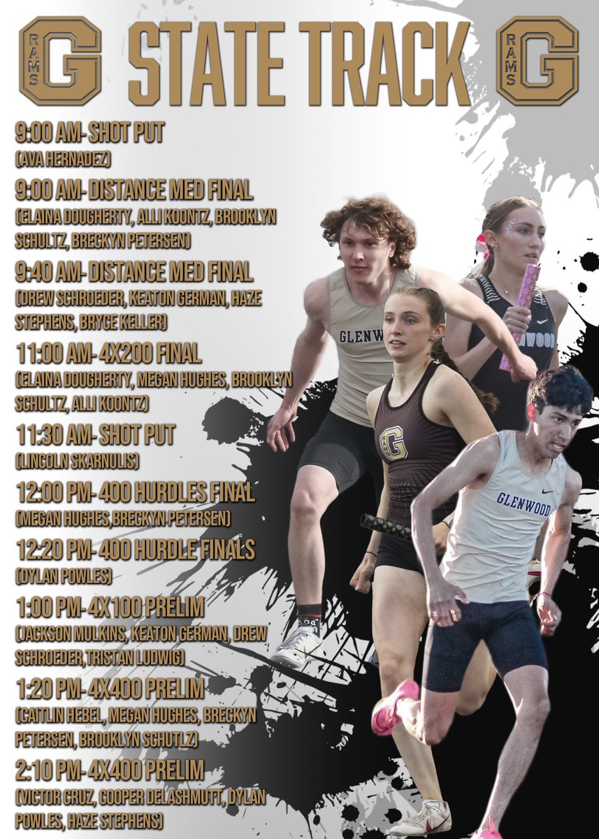 Good luck to <a href="/GCHSGTF/">Glenwood Girls Track & Field</a> &amp; <a href="/GlenwoodTrack/">Glenwood Track</a> who will compete at day 2 of the State Track Meet! First event gets underway at 9:00am!