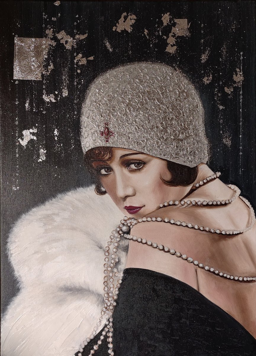 EZradickova's tweet photo. Marie Provost 
70x50cm 
Olej na plátně/ oil on canvas 
+ stříbrné plátky
Obraz se tak stává nejen portrétem ženy, ale i obrazu doby, kdy ženy poprvé ve velkém vstoupily do veřejného prostoru jako tvůrkyně vlastních osudů. https://t.co/Y4fZH7HJYA