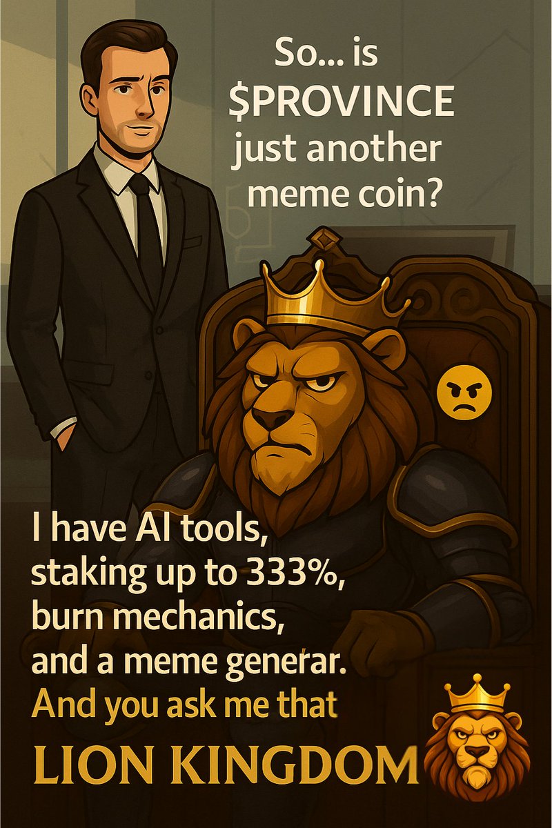 province_Ai's tweet photo. 🦁 This is $PROVINCE — where the memes rule, and Leo leads.
Not just hype.
Not just laughs.
A real kingdom powered by AI, staking, and community.
👑 Meme smart.
💻 Stake wise.
🔥 Rule with $PROVINCE.
#ProvinceToken #LeoLeads #AIMemeKingdom #StakeAndRule #CryptoWithPurpose https://t.co/1WbuCUUrvz