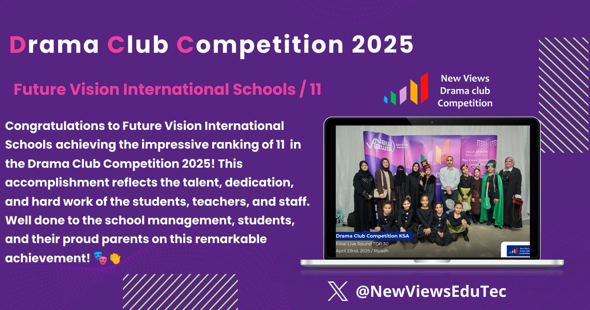 NewViewsEduTec's tweet photo. Congratulations to Future Vision International Schools🥳
#Drama_Club_Competition
#Learning_First
#Top_30 https://t.co/4iQ5FNMZuk