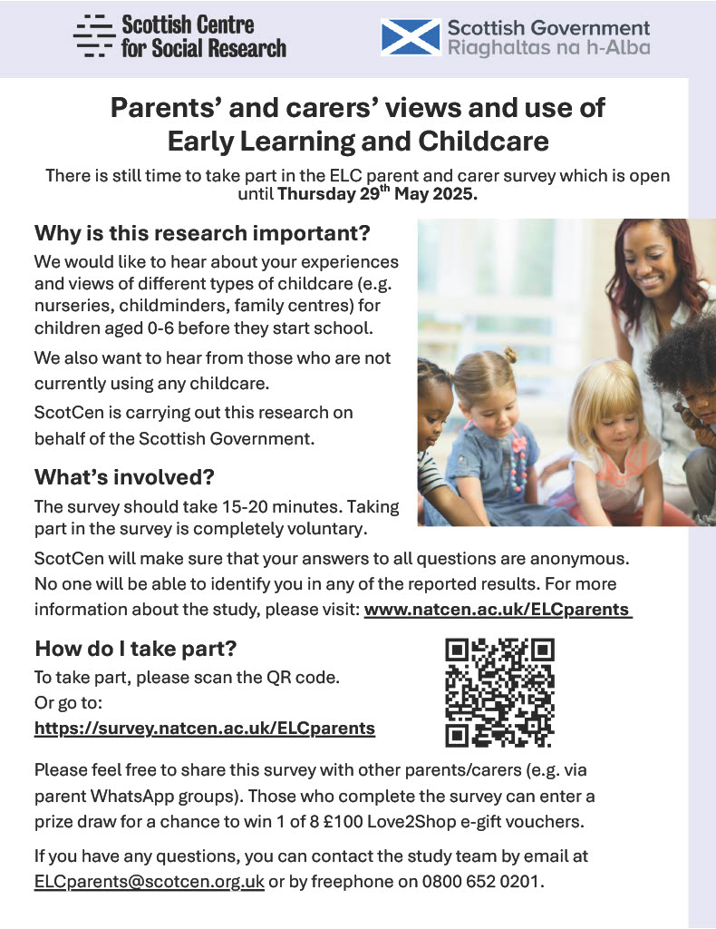 🚨ELC settings🚨

📢Please share this opportunity with your families.

Scot Gov are undertaking another Parent Survey as part of the ELC evaluation.

The closing date has been extended to encourage as many families as possible to take part.

More info: survey.natcen.ac.uk/mrIWeb/mrIWeb.…