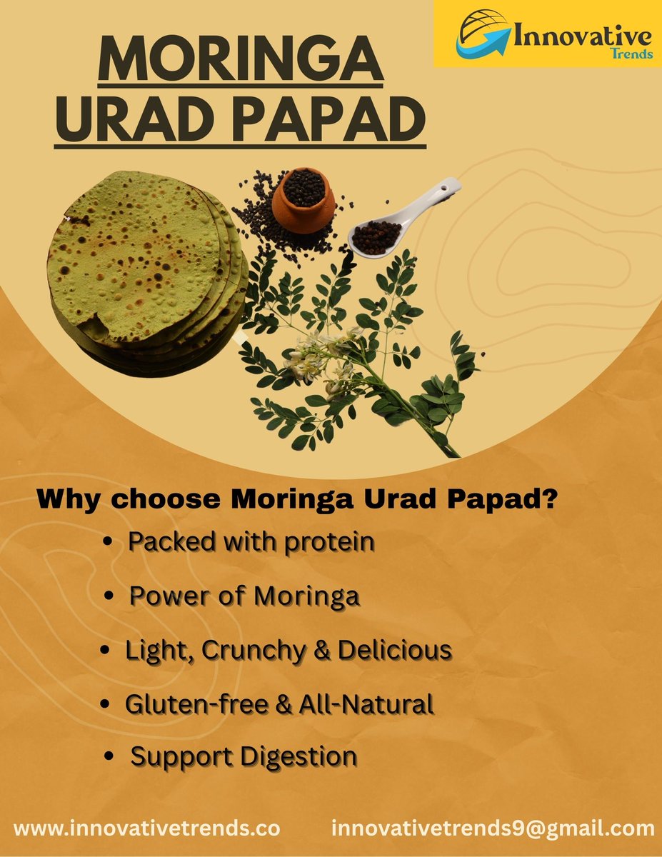 innovativetrds's tweet image. Snack time just got better!
Enjoy the light, crunchy, protein-rich Moringa Urad Papad — a tasty way to fuel your day naturally. 🌿✨ #NaturalSnacks #ProteinPower