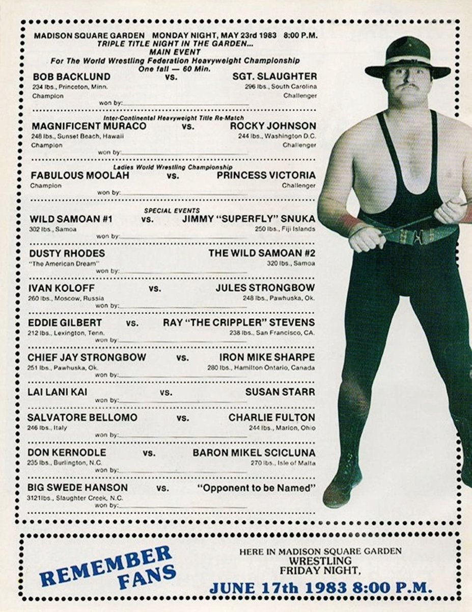 WWFWrestling1's tweet photo. On this day in 1983: WWF event card from "Triple Title Night" at Madison Square Garden, New York. 🤼‍♂️ @_SgtSlaughter #WWF #WWE #Wrestling https://t.co/e1iCGdSMKY