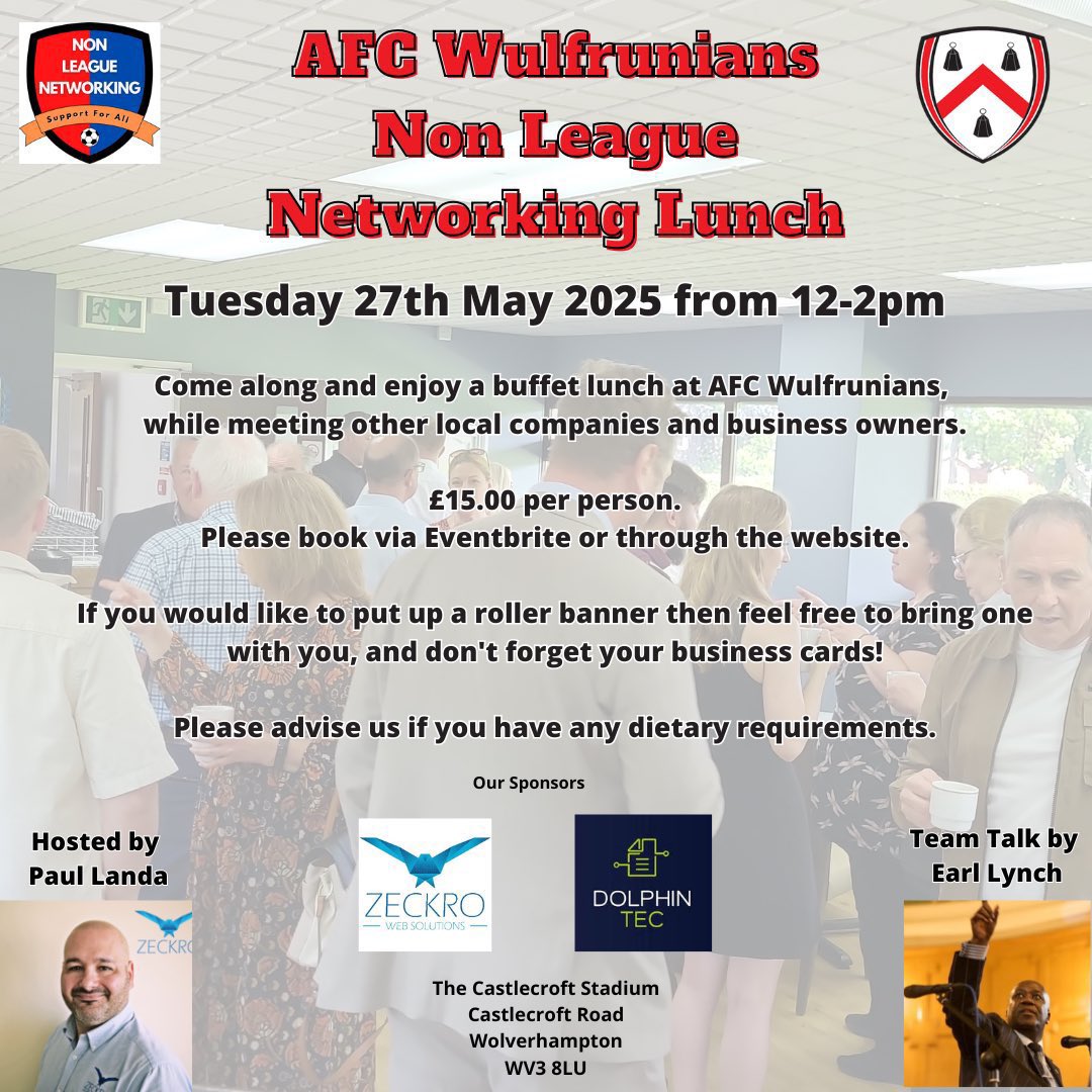 AFC Wulfrunians (@afcwulfrunians) on Twitter photo We're hosting another <a href="/N_L_Networking/">Non League Networking</a> lunch after the bank holiday weekend.
You can get your tickets at eventbrite.co.uk/e/non-league-n… We're hosting another <a href="/N_L_Networking/">Non League Networking</a> lunch after the bank holiday weekend.
You can get your tickets at eventbrite.co.uk/e/non-league-n…
