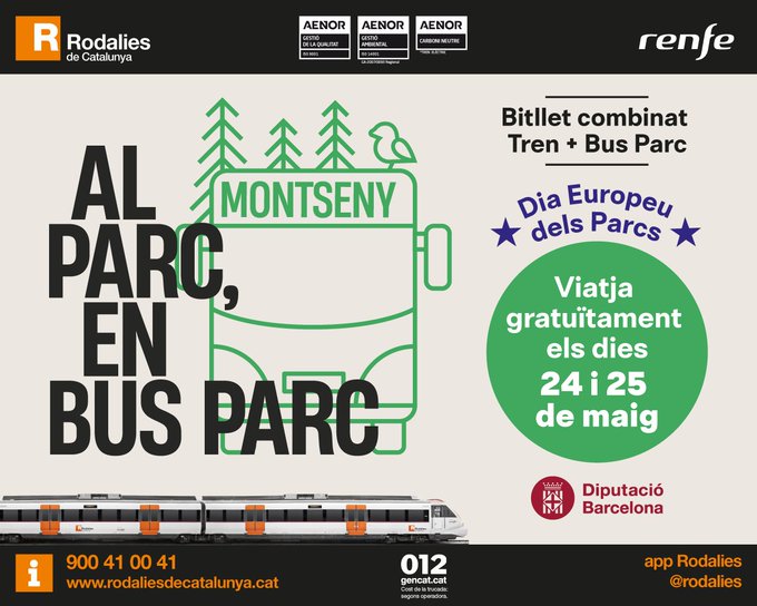 montseny's tweet photo. 💚Amb motiu del Dia Europeu dels Parcs aquest cap de setmana, dissabte 24 de maig i diumenge 25 de maig, el bitllet combinat de tren de @rodalies i #BusParc és gratuït
🚆Tren a Sant Celoni, Balenyà-Tona-Seva o Palautordera
🚍 Línies 573, 576 i 484
https://t.co/85ELnrNhnb https://t.co/5Rw8rBXuS0