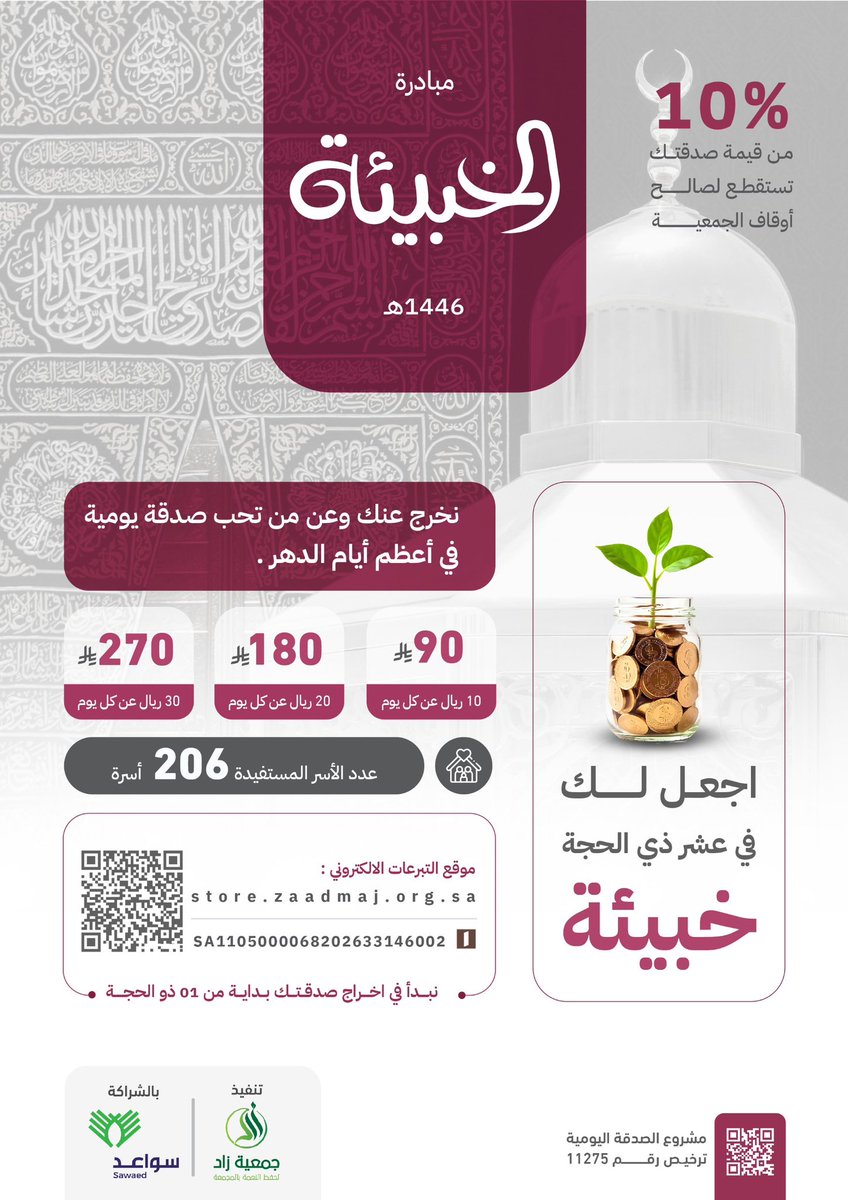 zaad_almajmaah's tweet photo. خير أيّام الدنيا أقبلت 🌻

ابدأها بنيّة خفية،
وعملٍ لا يراه إلا الله،
لكنّه يُضيء لك الطريق إلى الجنّة بإذن الله🕊️

صدقة يوميّة نخرجها عنك أو عمّن تحب خلال #عشر_ذي_الحجة
تزرع بها أثرًا، وتمنح فرحًا لـ 206 
أسرة محتاجة✨

#جمعية_زاد_لحفظ_النعمة_بالمجمعة

🔗 ساهم الآن:
https://t.co/dqPzUEXgOJ