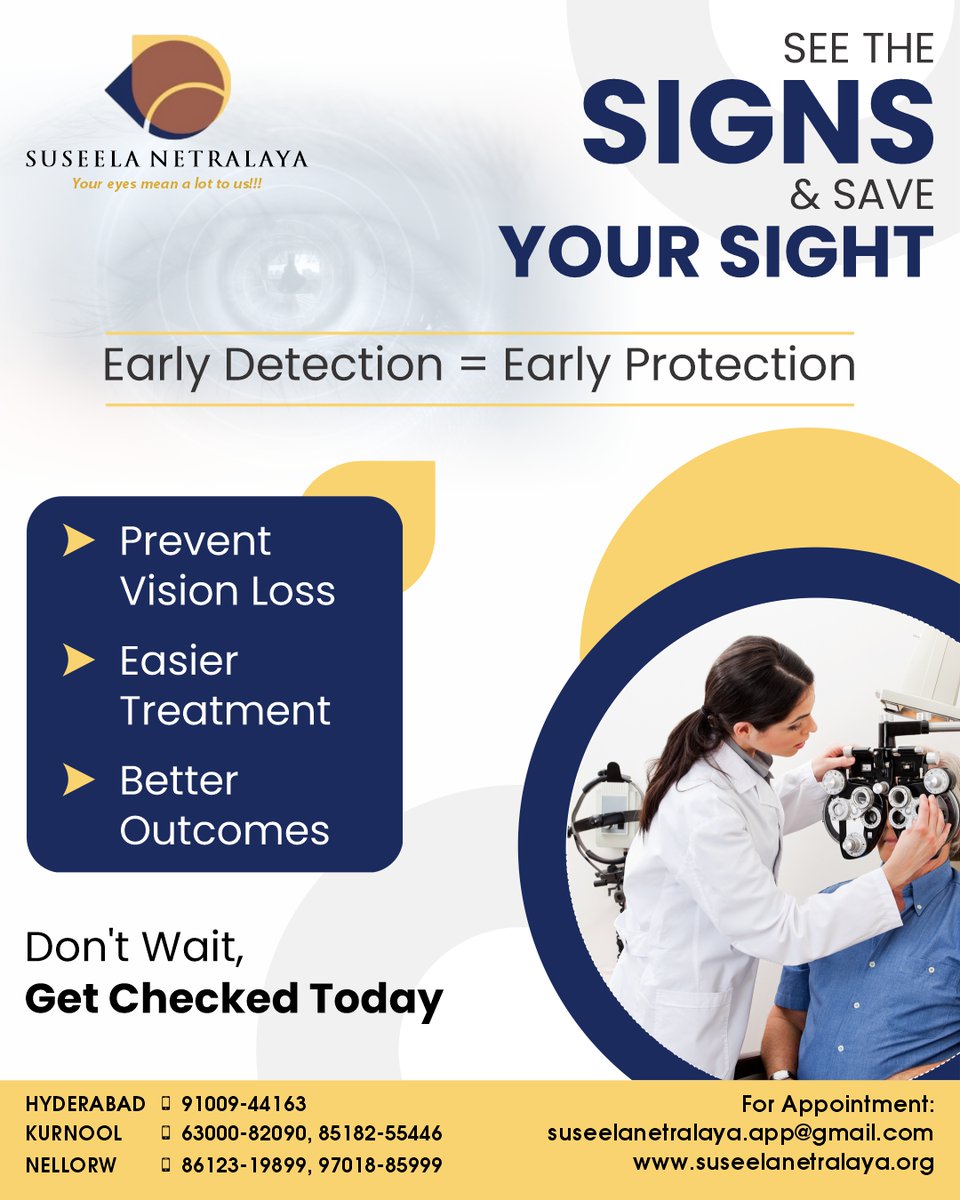 SuseelaNetrala1's tweet image. 👁️ See the signs &amp;amp; save your sight!
Early detection = early protection.
✅ Prevent vision loss
✅ Easier treatment
✅ Better outcomes
📍 Visit us in Hyderabad, Kurnool, or Nellore.
📞 Book now: suseelanetralaya.org
#EyeCare #VisionHealth #SaveYourSight