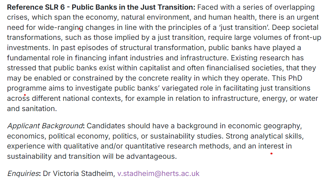 VictoriaStadhe1's tweet photo. We have an exciting opportunity to do a fully funded PhD fellowship on 'Public Banks in the Just Transition' at the Centre for Future Societies Research (CFSR) at @herts.ac.uk Come and work with me, Bruno Bonizzi and John Sturzaker! Deadline: 26 May. https://t.co/9ttqOWZaa7 https://t.co/I0vU0Y0gIp