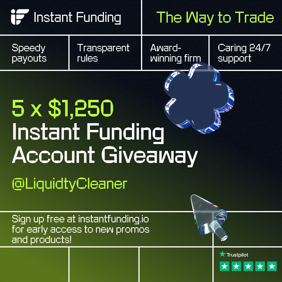 LiquidtyCleaner's tweet photo. 5x $1.250 Instant Funding account giveaway with @InstantFunding_ !

Make sure to:

⚡ Like and retweet this post
⚡ Follow @InstantFunding_ , @LiquidtyCleaner, @LewisM_IF

Winners will be announced on June 4th!
Follow to be eligible to win!

Join Discord for more giveaways and competitions! https://t.co/mIOb3IT06W

They just launched their crypto platform!

https://t.co/duwBcuQp1e