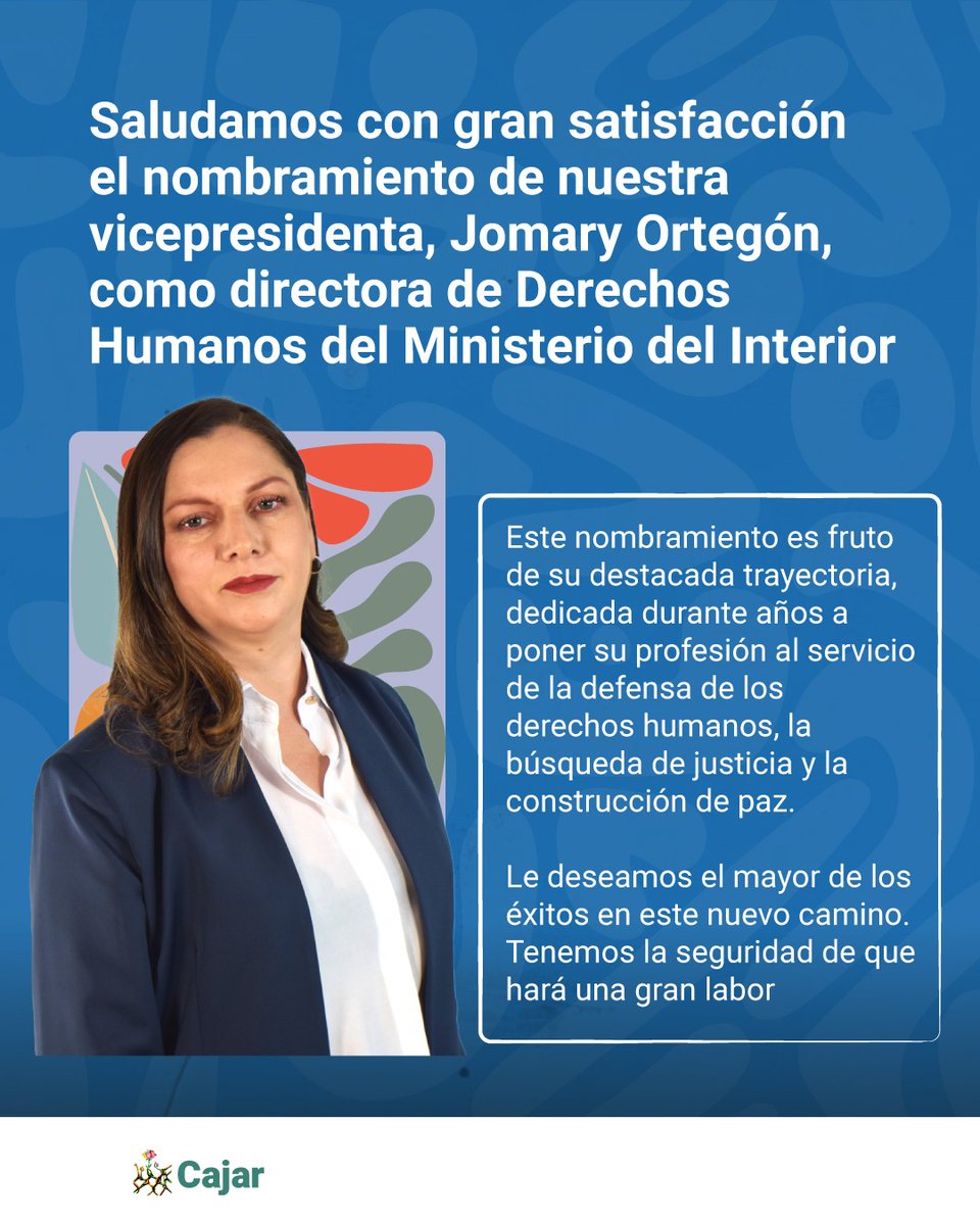 Ccajar's tweet photo. 🌷Saludamos el nombramiento de nuestra vicepresidenta, @Jomary_O, como directora de Derechos Humanos del @MinInterior. 

✊Este es un reconocimiento a su labor y un paso fundamental para la protección de los derechos humanos en Colombia. https://t.co/kSaYUOY0wT