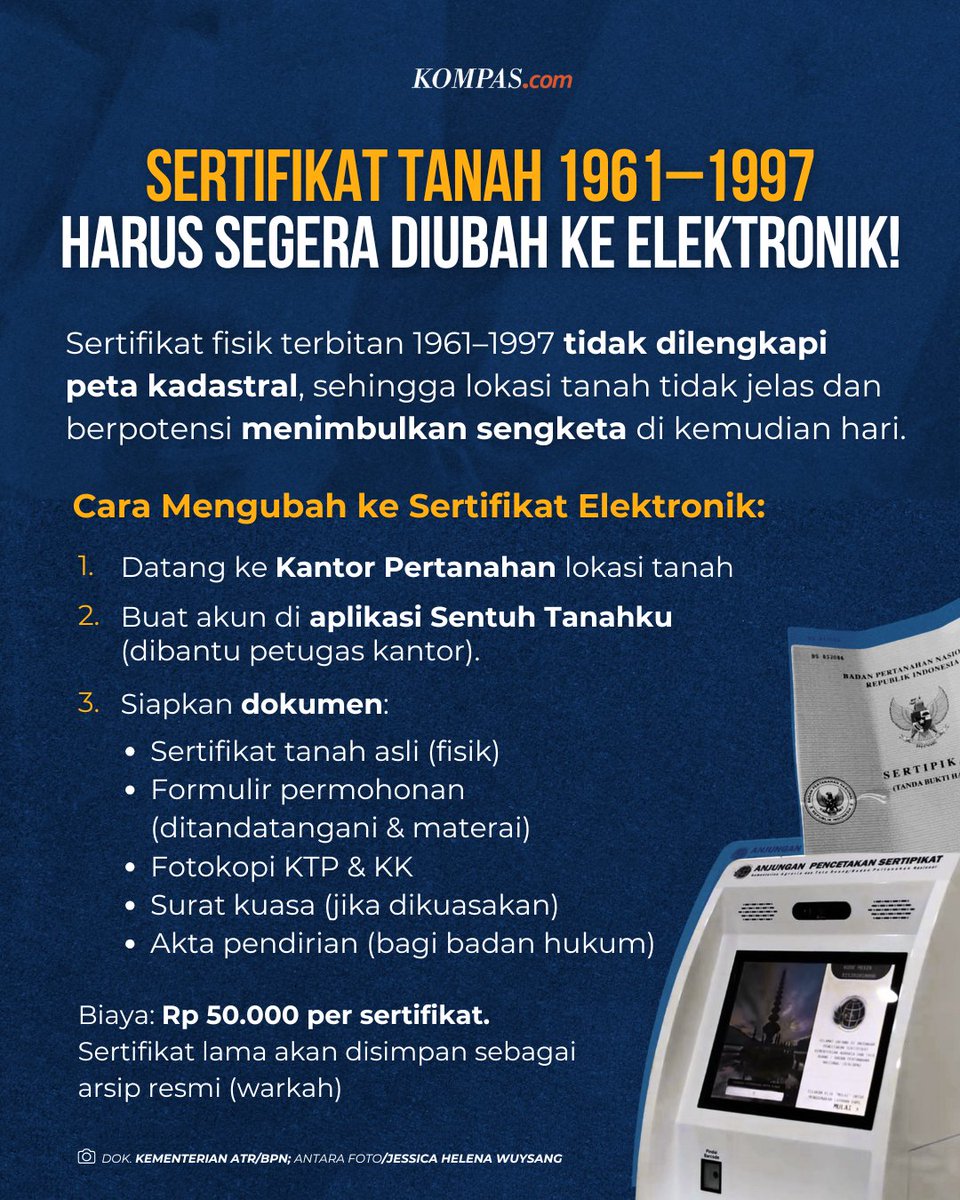 Kementerian ATR/BPN mengimbau pemilik sertifikat tanah fisik terbitan 1961-1997 untuk segera memperbarui ke Sertipikat Elektronik (Sertipikat-el) melalui aplikasi Sentuh Tanahku atau langsung ke Kantor Pertanahan.

Hal ini dikarenakan sertifikat lama tidak punya peta kadastral,