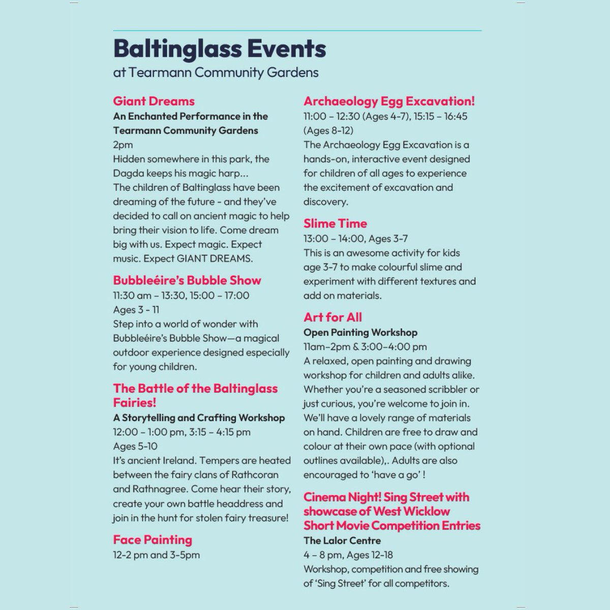 artsoffice's tweet image. Cruinniú na nÓg returns to Baltinglass on Saturday June 7th!🎉
A day of free events for young people– music, art, performance & more!
Check out the full Wicklow programme:
👉cruinniu.gov.ie/events/locatio…
#CruinniúnanÓg #Wicklow #CreativeIreland #Baltinglass #UnleashYourCreativeSpark