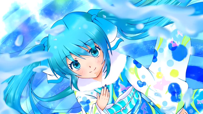 供養イラストと言うのは止めた。良いミクさんが描けました。青色を強調したイラストです。#初音ミク 