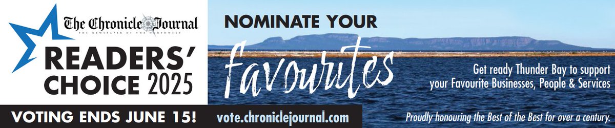 There are 3 weeks left to vote for Thunder Bay's Favourite People, Places, and Service Providers in our 2025 Readers' Choice Awards contest. Vote daily until June 15th. Visit chroniclejournal.com