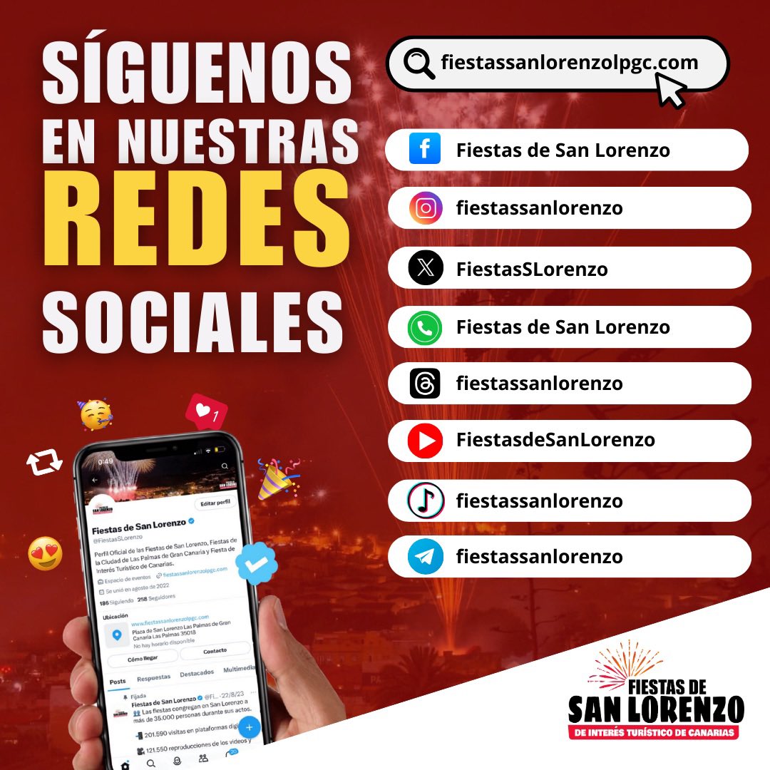 📢 ¡SÍGUENOS EN NUESTRAS REDES! 🎉🔥

No te pierdas nada de las Fiestas de San Lorenzo ✨ Síguenos en todas nuestras plataformas y mantente al día con las últimas novedades, programación, fotos y mucho más.

📲 Encuéntranos en:

🔹 Facebook: facebook.com/fiestassanlore…

🔹 Instagram: