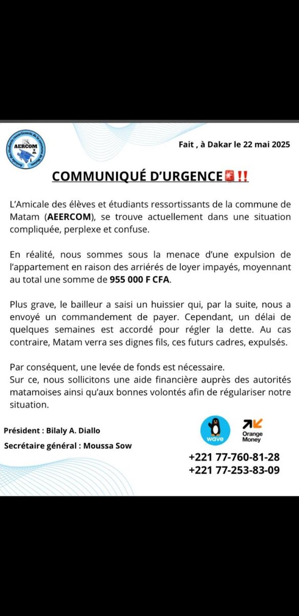 AmThioub's tweet photo. Crie du coeur,  venons au secours des étudiants  de ressortissants de Matam,  pour une endettement de loyer.  Lou way meun 🙏🙏 https://t.co/HfgZlm3bkC