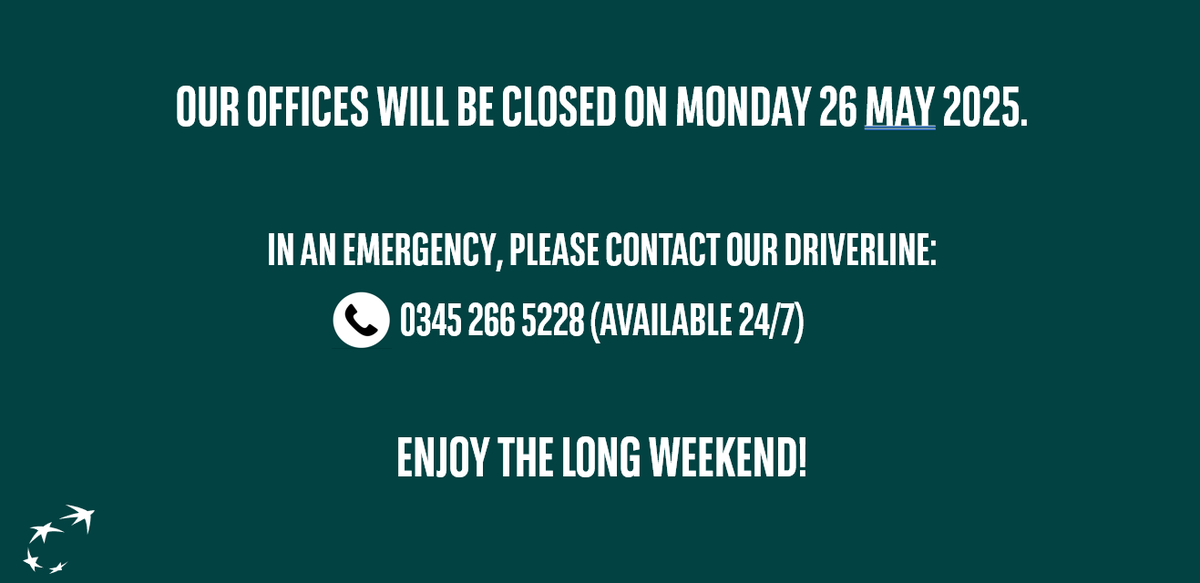Arval_UK's tweet photo. As we head into the bank holiday weekend, we wanted to let you know that our social media team will be away and our offices will be closed on Monday 26 May.

In an emergency, our DriverLine (0345 266 5228) is always available 24/7.

You can also find answers to some common questions on our website here 👇

https://t.co/zWyTZYFkVa