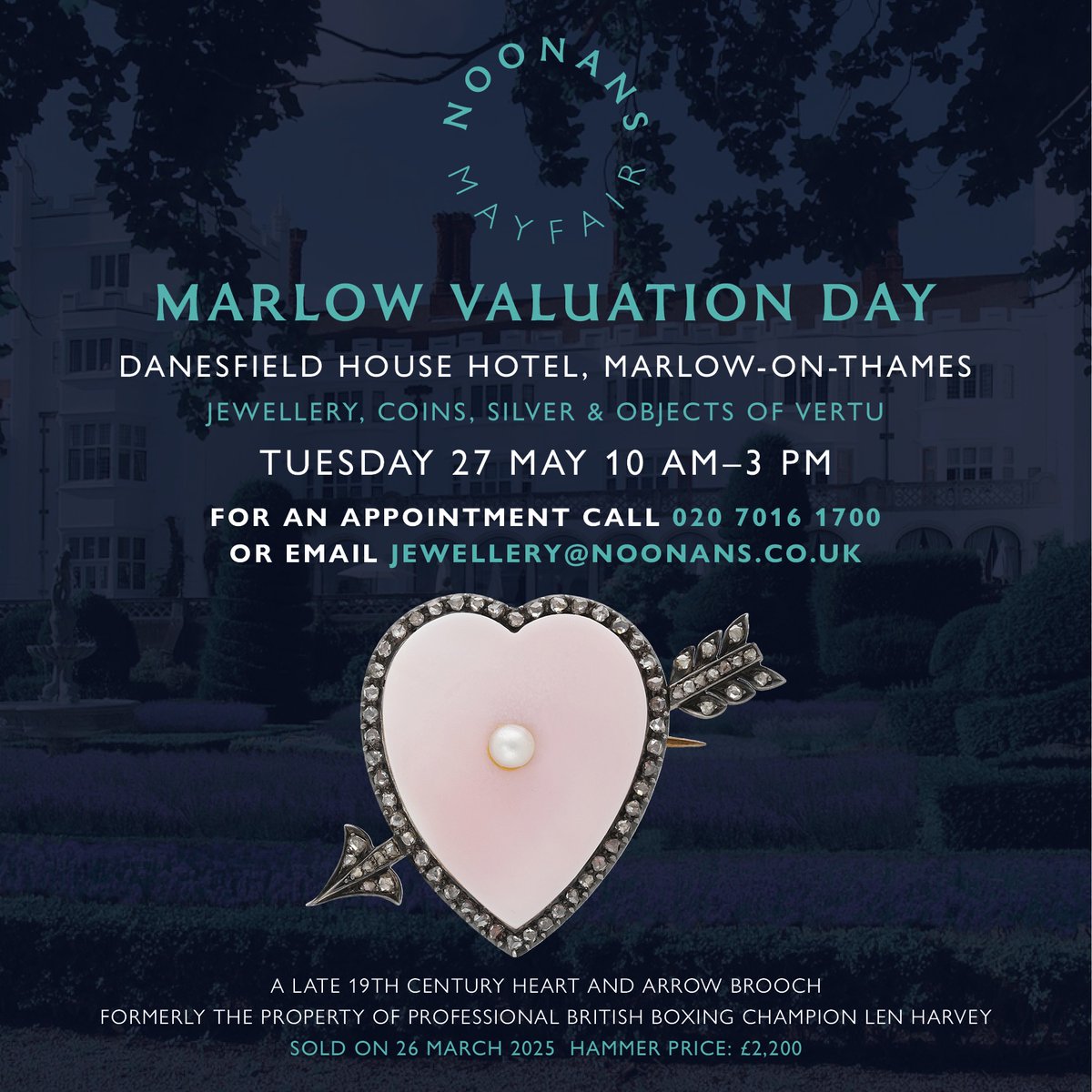 NoonansAuctions's tweet photo. NEXT WEEK! #JEWELLERY #COINS #SILVER #OBJECTSOFVERTU
#VALUATIONDAY #MARLOW
Danesfield House Hotel, Marlow-on-Thames
Tuesday, May 27, 2025
10 am - 3pm
See link for details https://t.co/Sl7YRKjDZs https://t.co/jYj0Veq9zv