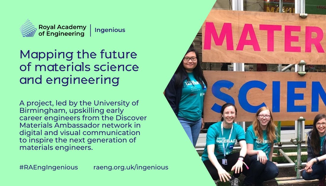 Royal Academy of Engineering (@raengnews) on Twitter photo How do we inspire the next generation of materials engineers?
We're funding this <a href="/unibirmingham/">Uni of Birmingham</a> led project, which is upskilling early-career engineers and leaving a legacy of public engagement and reusable teaching materials.
Learn more about this year's #RAEngIngenious How do we inspire the next generation of materials engineers?
We're funding this <a href="/unibirmingham/">Uni of Birmingham</a> led project, which is upskilling early-career engineers and leaving a legacy of public engagement and reusable teaching materials.
Learn more about this year's #RAEngIngenious