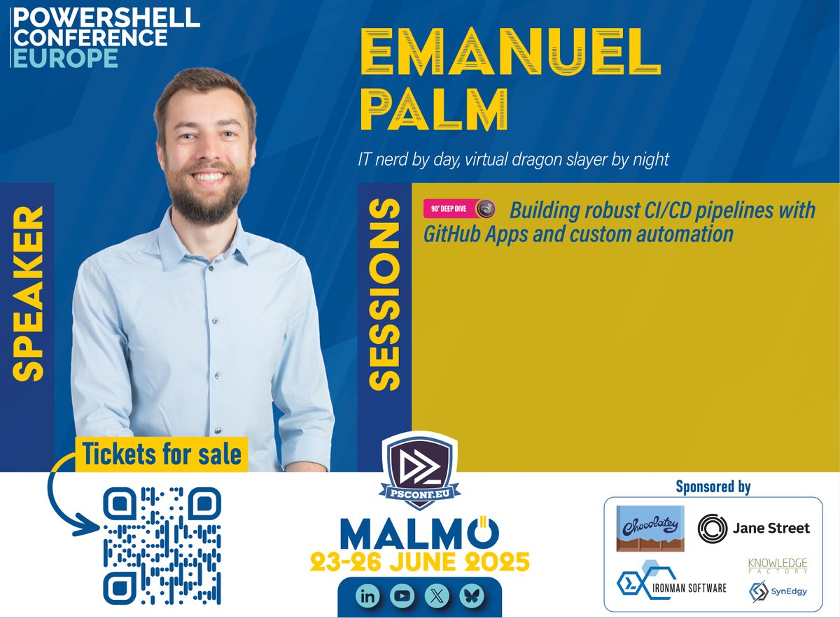 <a href="/PalmEmanuel/">Emanuel Palm</a> will be on stage for #PSConfEU 2025 in #Malmö (23-26 June)!

🎙️Building robust CI/CD pipelines with GitHub Apps and custom automation

🎟️ Tickets and full schedule available at psconf.eu

#PowerShell #Skåne #Svenska #Sweden #IT