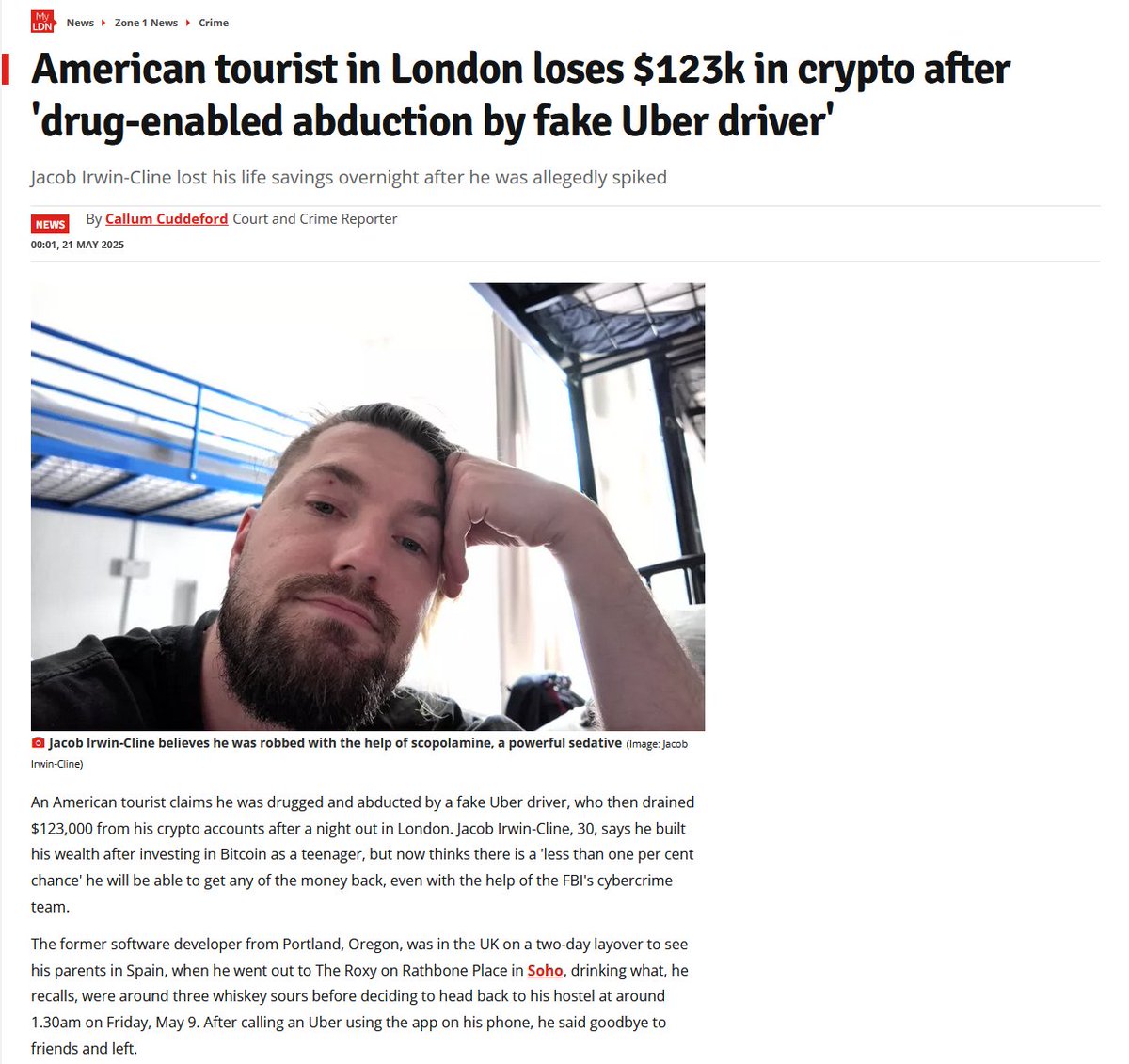 NEW: 🇺🇸 American tourist Jacob Irwin-Cline was drugged and robbed of  $123K in Bitcoin by a fake Uber driver in 🇬🇧 London.