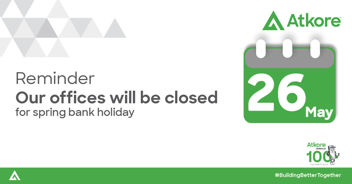 Please note our offices will be closed on Monday 26th May for the Spring Bank Holiday! 
Our offices will re-open for business as usual on Tuesday 27th May from 8.30am.

For any queries contact us: ow.ly/ZHsl50VIZFK

#Atkore #BuildingBetterTogether #BankHoliday