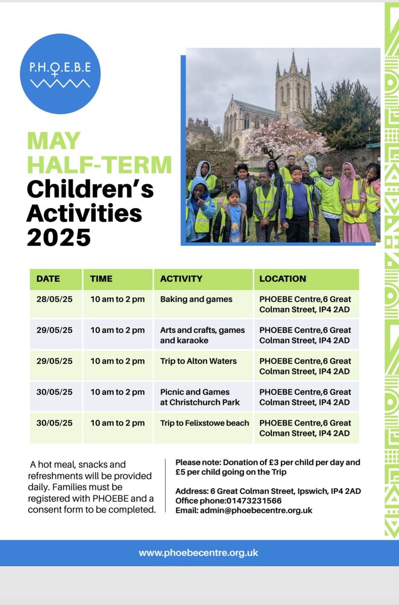 We are excited to host children and young people at our centre for May #halfterm

Please see poster for details👇🏽😊 

#Suffolk #ChildrensActivities