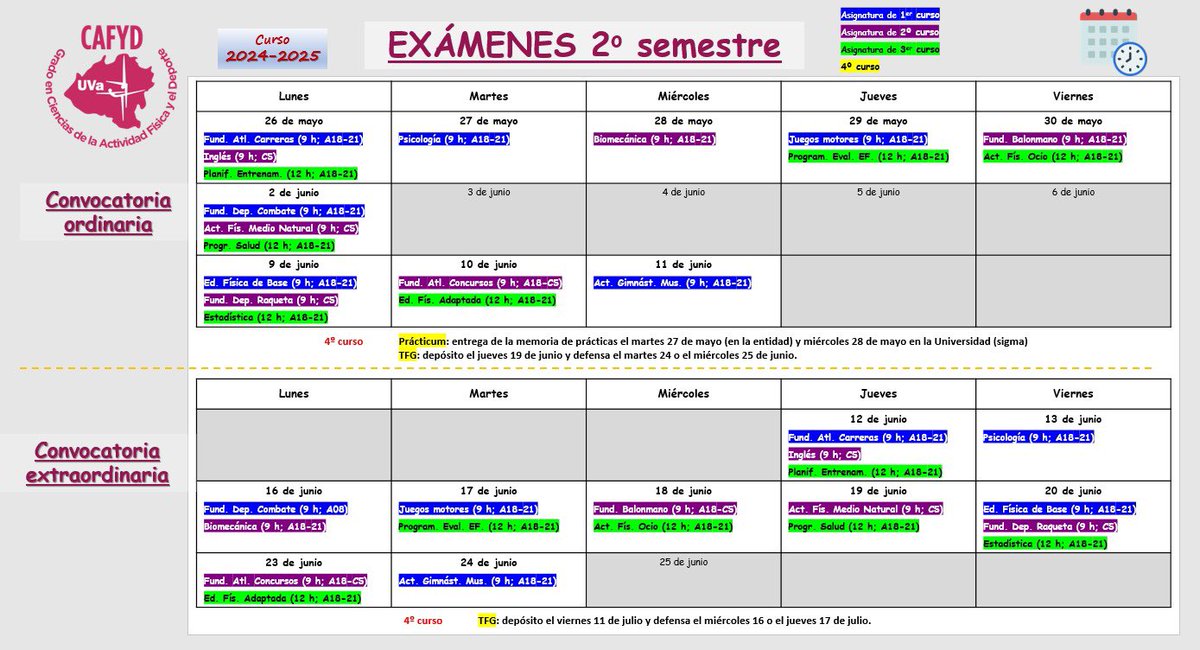 Terminado el periodo de clases del 2° semestre, empieza el periodo de exámenes.

Comprueba 📗asignatura, ✔️curso, 🗓️día,⌚️ hora y 🏟️lugar de todos los exámenes de nuestro grado.

📷👇