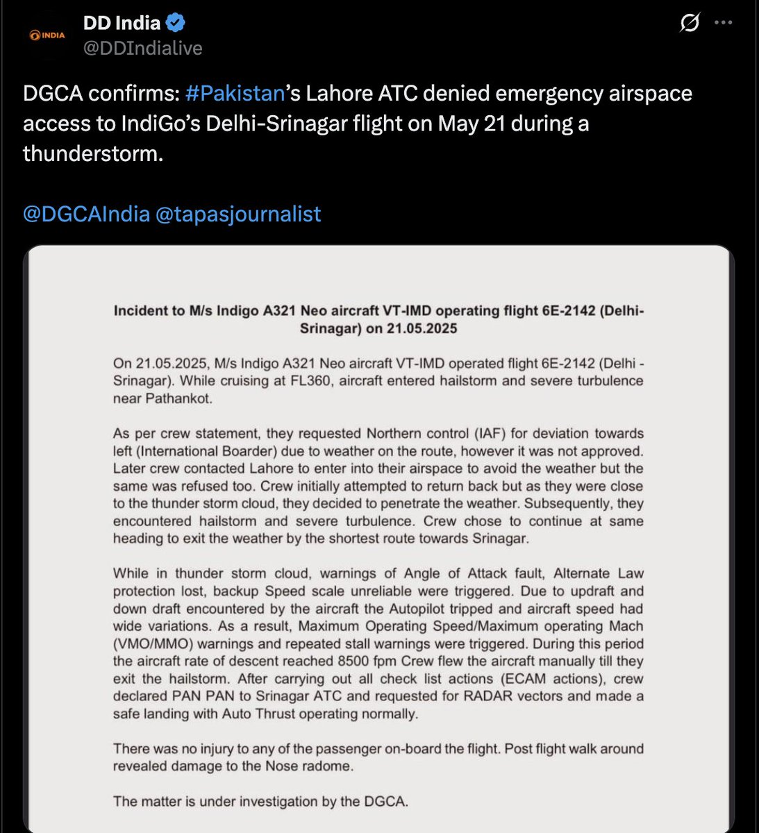 Much outrage over Lahore ATC denying airspace to an Indian flight in distress, yet little scrutiny of the IAF’s northern control, which refused a diversion toward the international border. 

Then again, it’s always more convenient to point fingers at Pakistan.