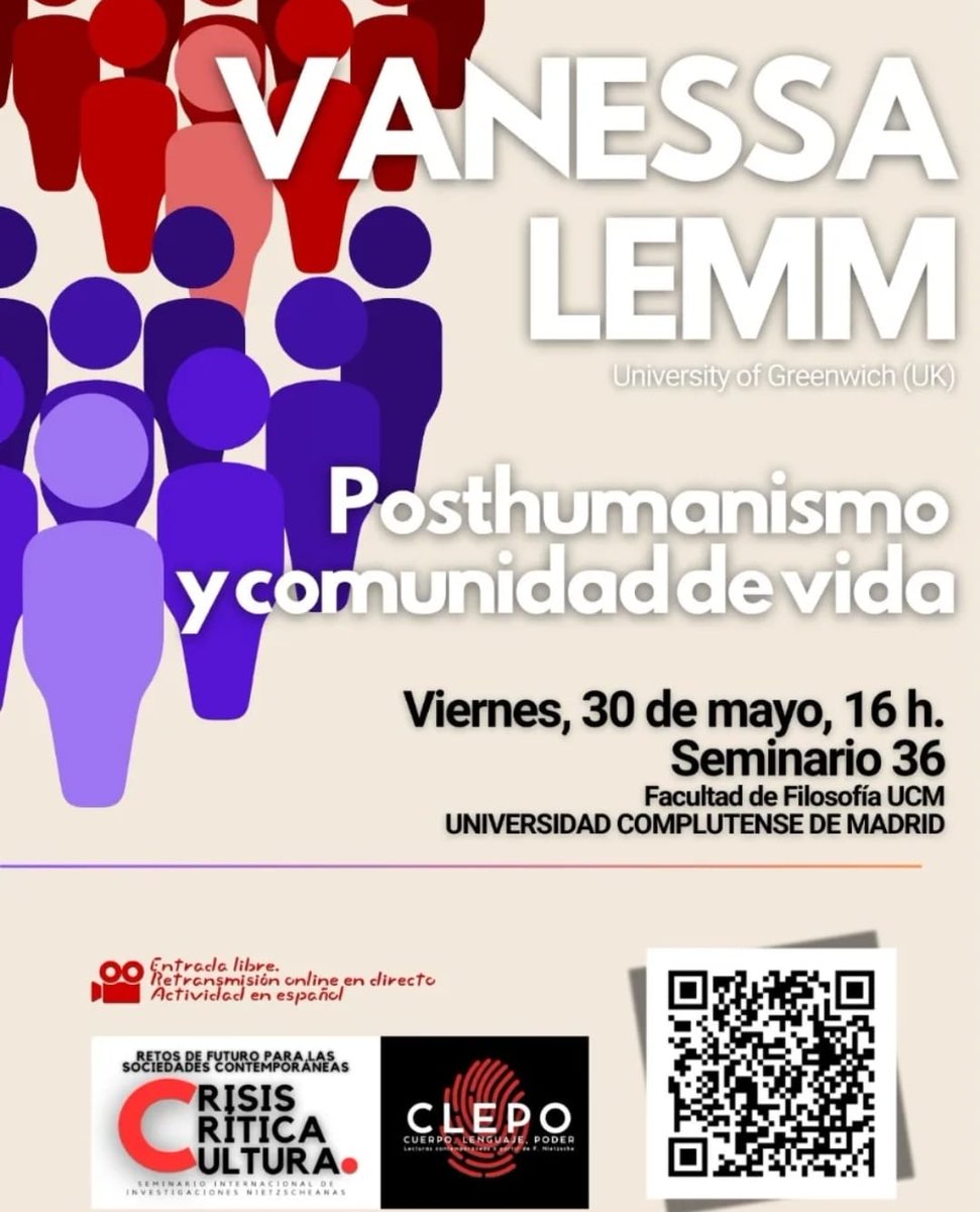 SeminarioNietzs's tweet photo. La semana que viene celebraremos dos actividades con la profesora Vanessa Lemm (@ProfVanessaLemm)
-Jueves 29 a las 18.30h: presentación del libro "Homo natura: Nietzsche, antropología y biopolítica".
-Viernes 30 a las 16h: Conferencia: "Posthumanismo y comunidad de vida". https://t.co/sxC9aUfbdg